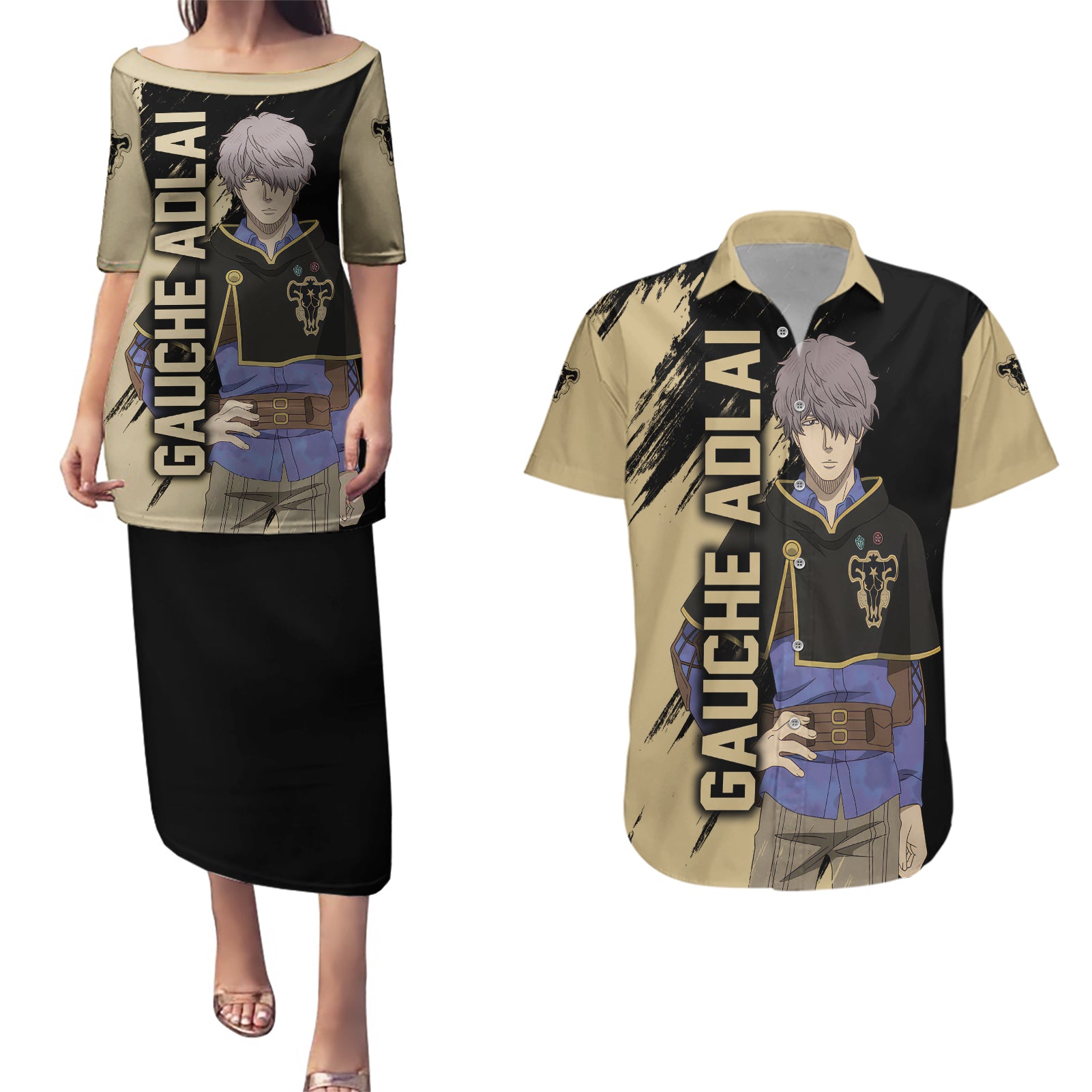 Black Bull Gauche Adlai Couples Matching Puletasi and Hawaiian Shirt Black Clover Anime