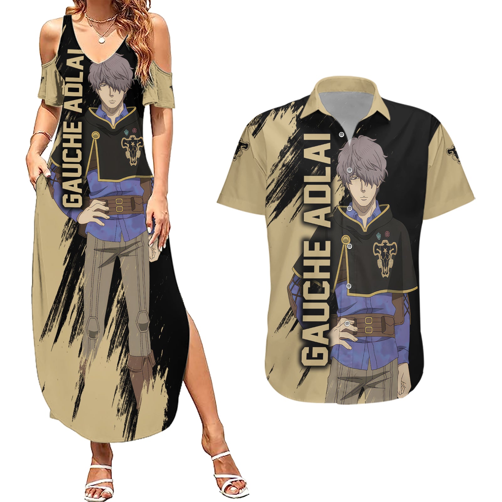 Black Bull Gauche Adlai Couples Matching Summer Maxi Dress and Hawaiian Shirt Black Clover Anime