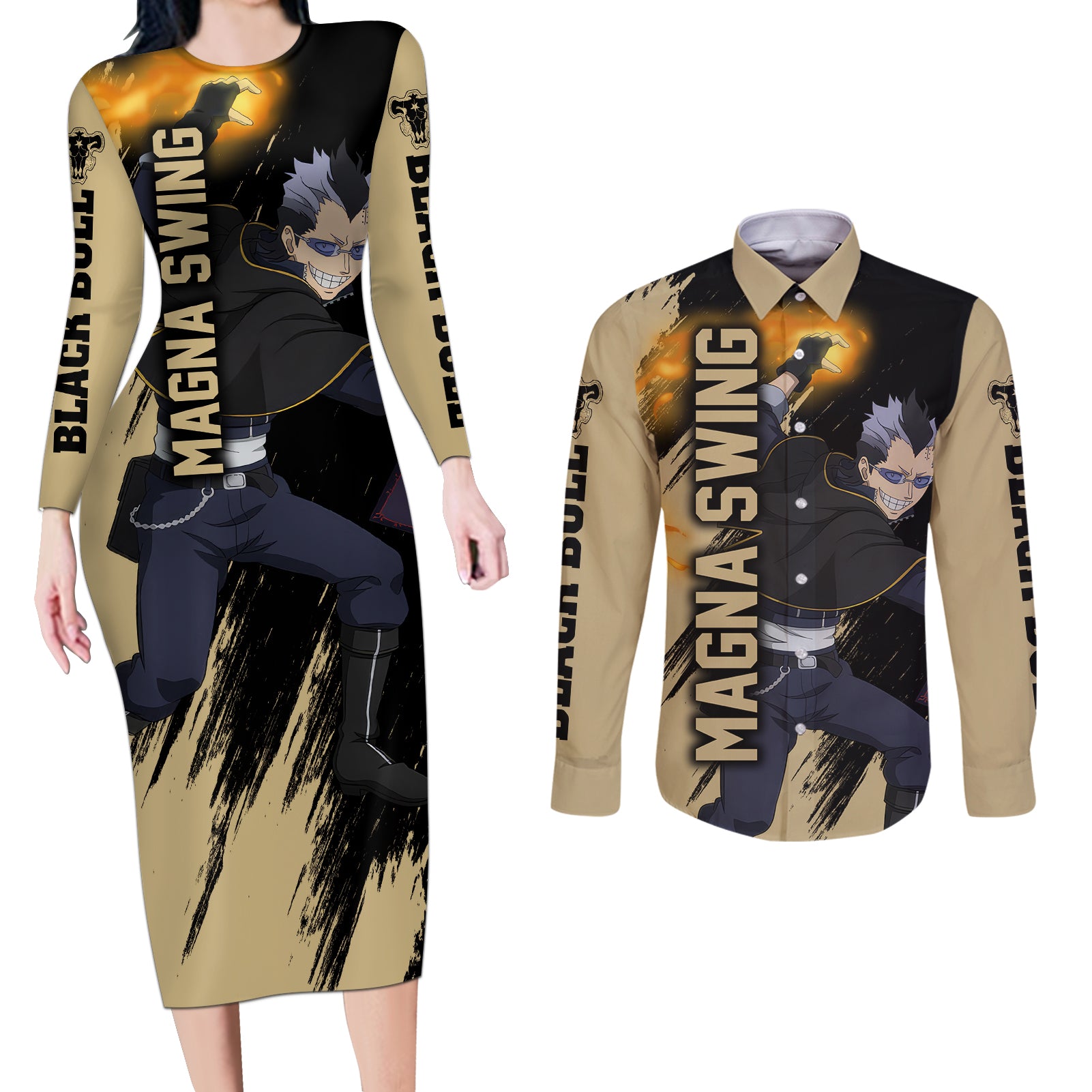 Black Bull Magna Swing Couples Matching Long Sleeve Bodycon Dress and Long Sleeve Button Shirt Black Clover Anime