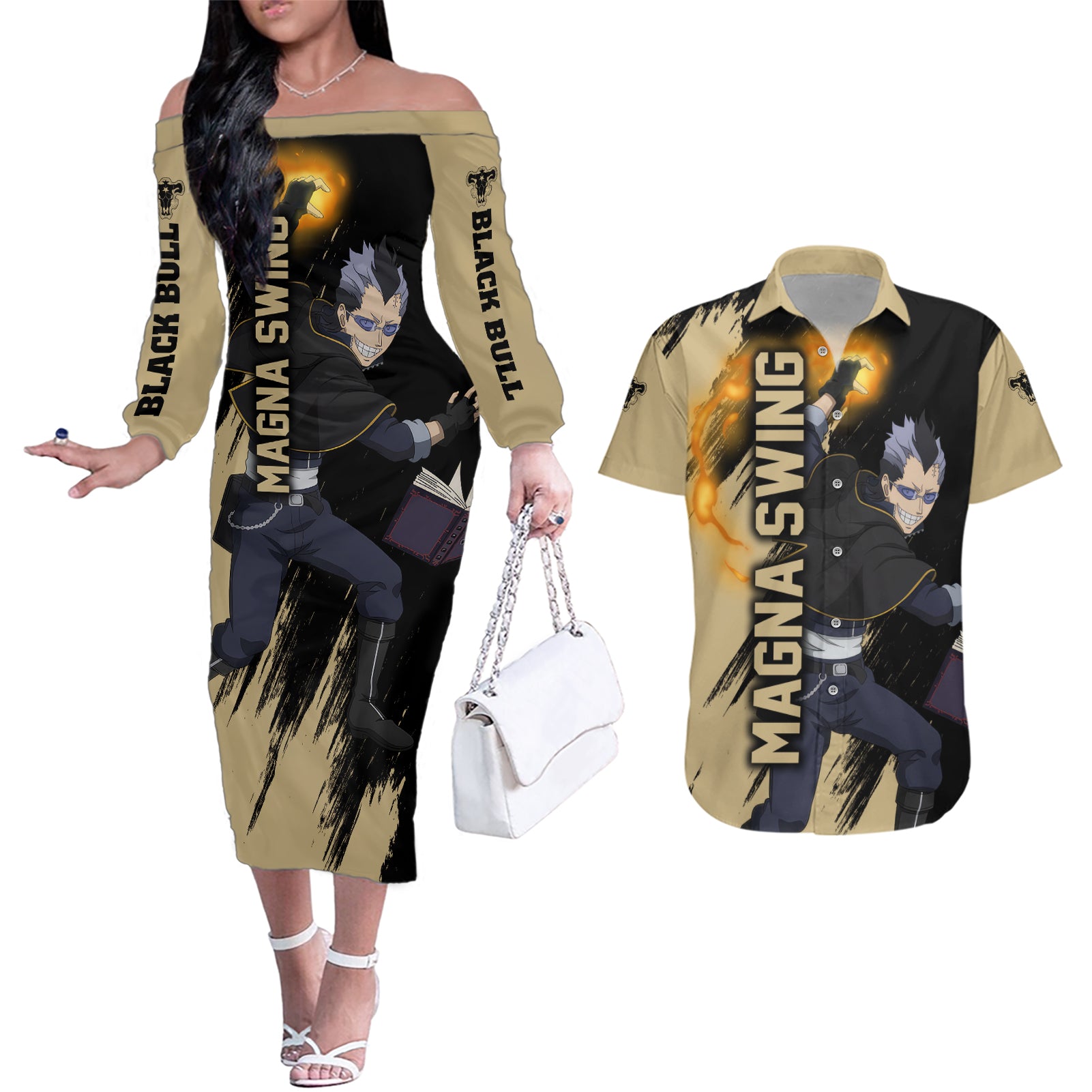 Black Bull Magna Swing Couples Matching Off The Shoulder Long Sleeve Dress and Hawaiian Shirt Black Clover Anime