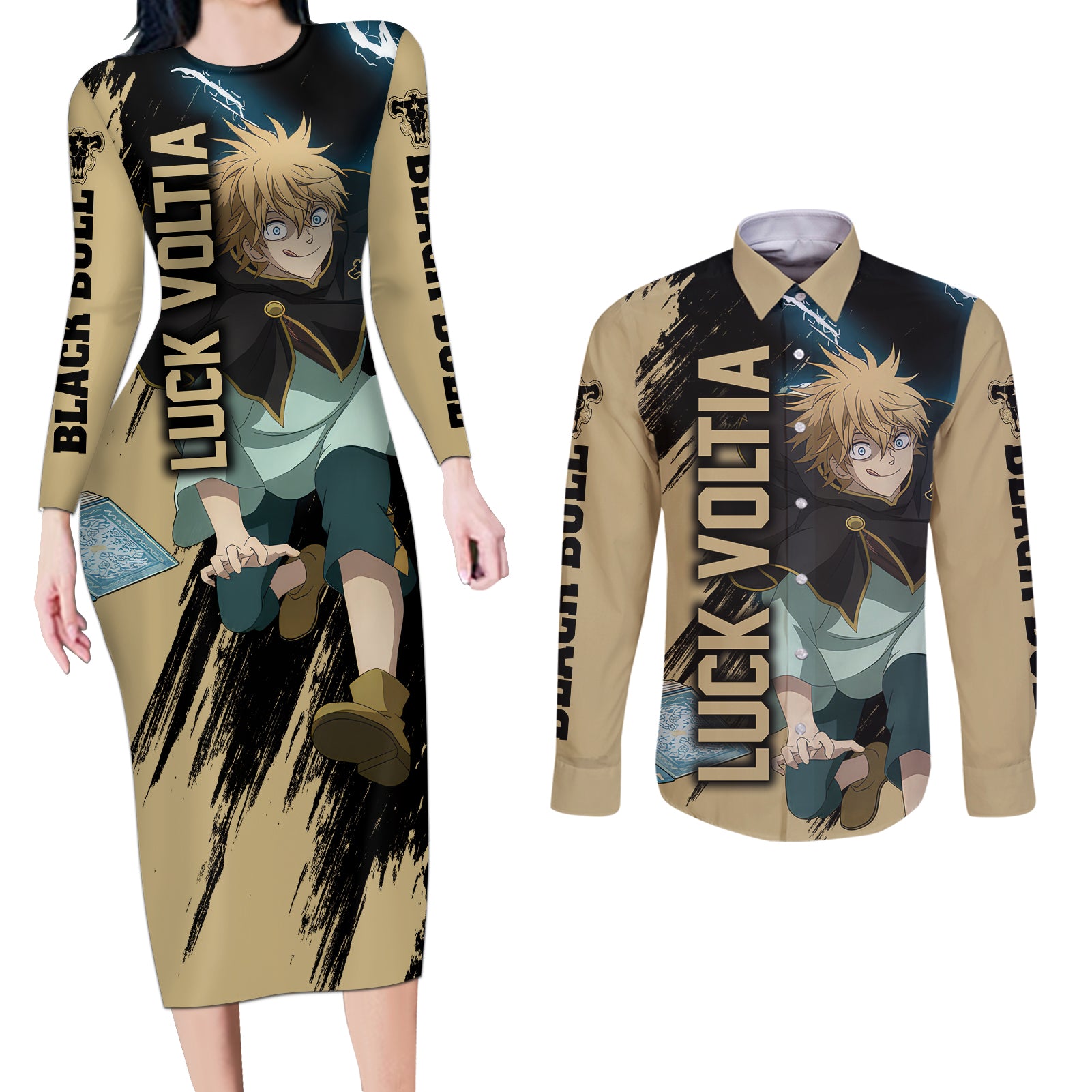 Black Bull Luck Voltia Couples Matching Long Sleeve Bodycon Dress and Long Sleeve Button Shirt Black Clover Anime