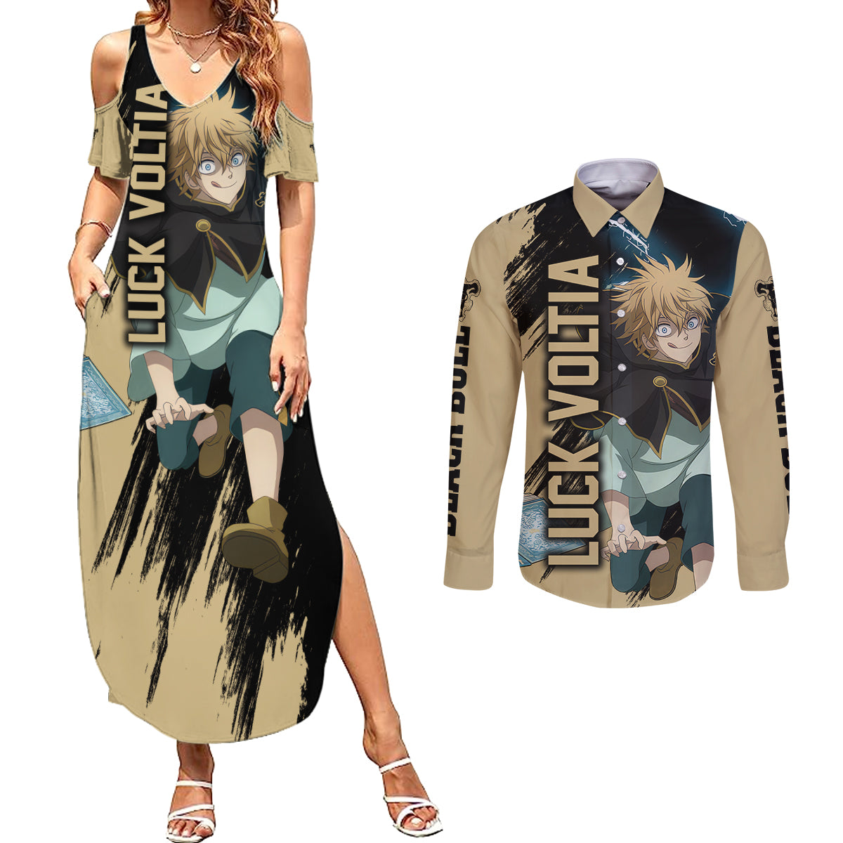 Black Bull Luck Voltia Couples Matching Summer Maxi Dress and Long Sleeve Button Shirt Black Clover Anime