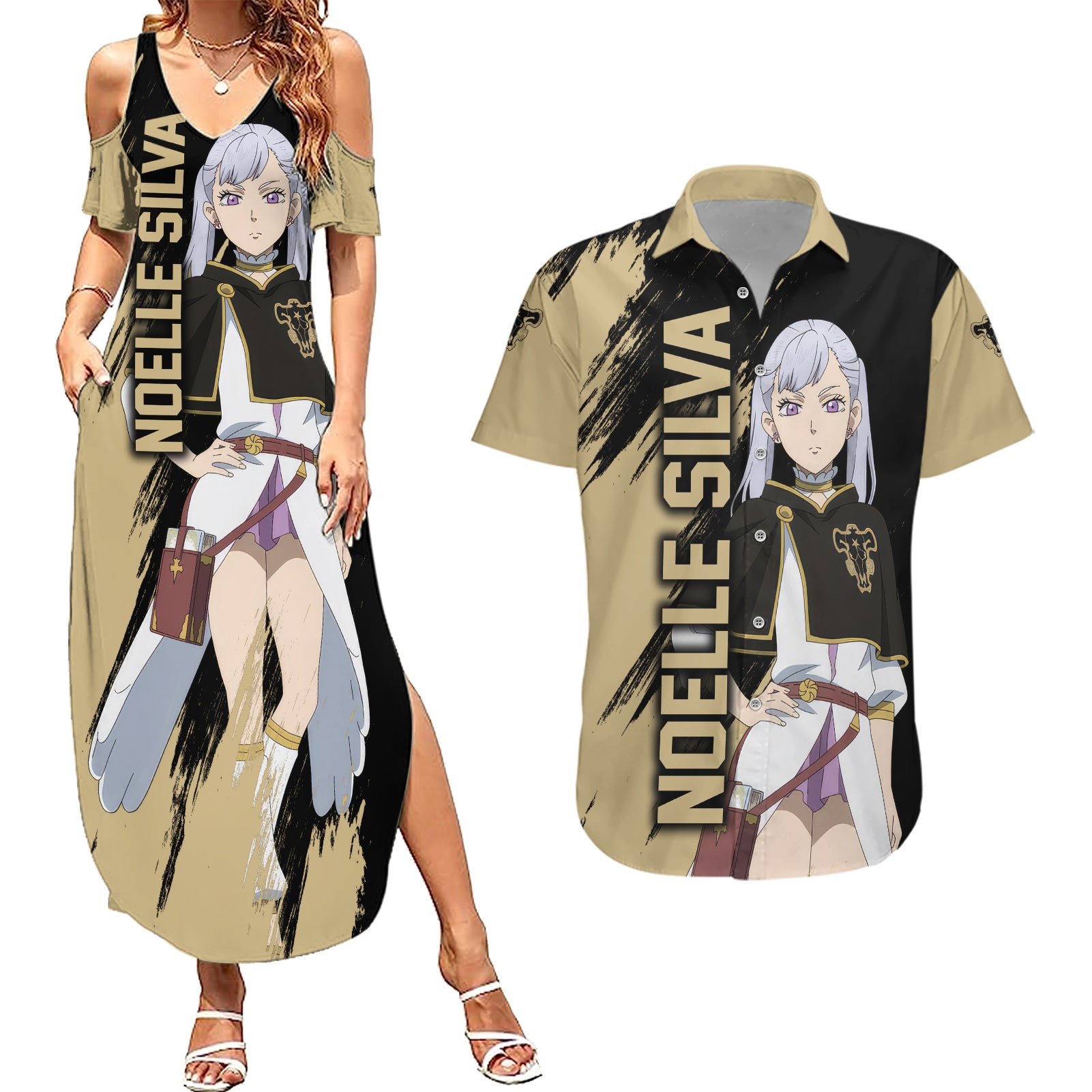 Black Bull Noelle Silva Couples Matching Summer Maxi Dress and Hawaiian Shirt Black Clover Anime