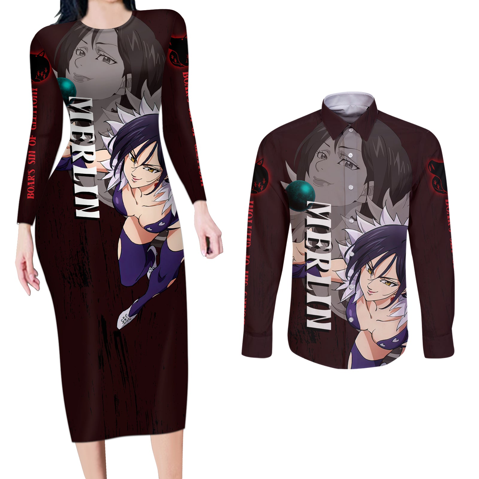 Merlin - Anime Couples Matching Long Sleeve Bodycon Dress and Long Sleeve Button Shirt Boar's Sin of Gluttony Anime