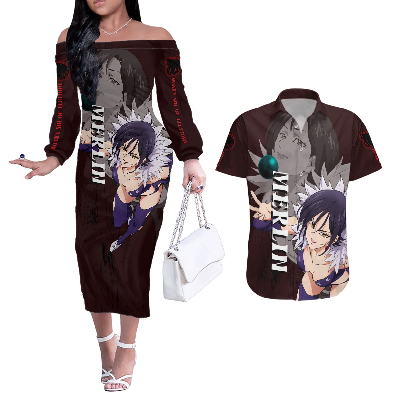 Merlin - Anime Couples Matching Off The Shoulder Long Sleeve Dress and Hawaiian Shirt Boar's Sin of Gluttony Anime