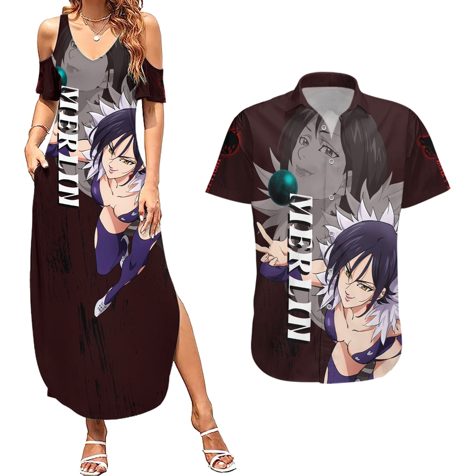 Merlin - Anime Couples Matching Summer Maxi Dress and Hawaiian Shirt Boar's Sin of Gluttony Anime