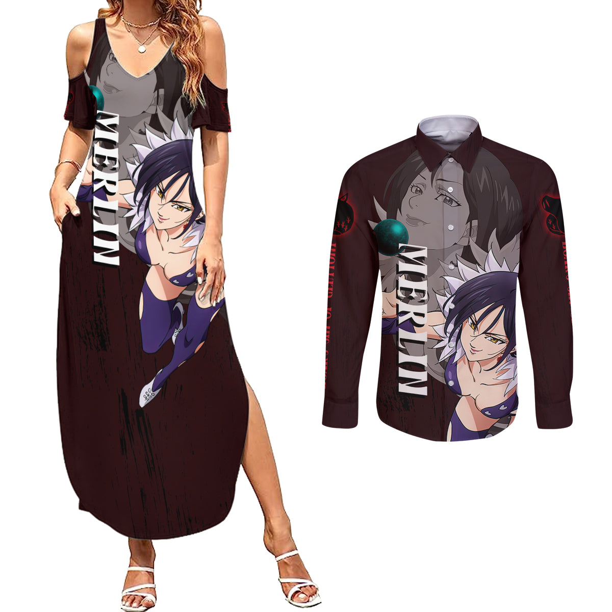 Merlin - Anime Couples Matching Summer Maxi Dress and Long Sleeve Button Shirt Boar's Sin of Gluttony Anime