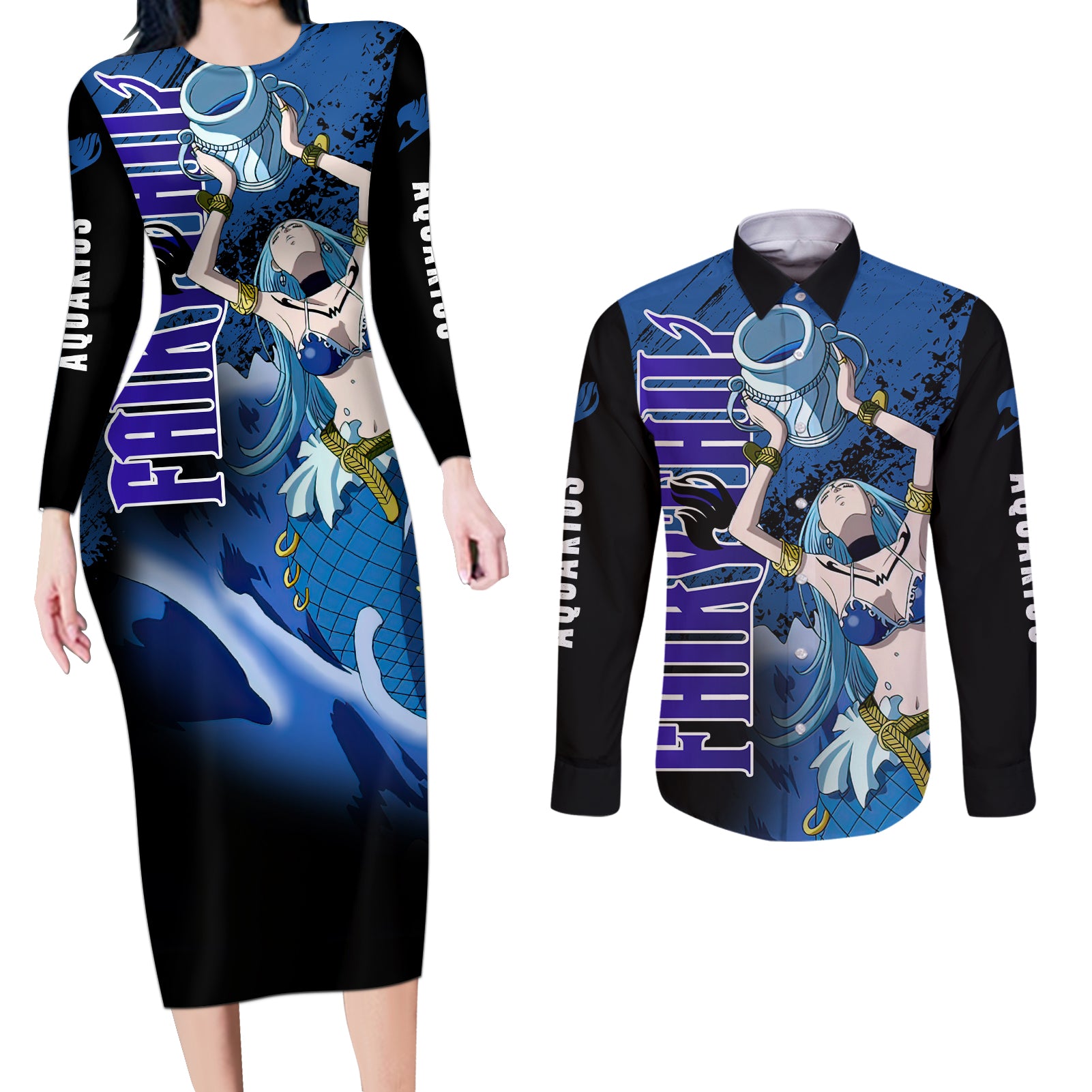 Celestial Aquarius Couples Matching Long Sleeve Bodycon Dress and Long Sleeve Button Shirt Fairy Tail