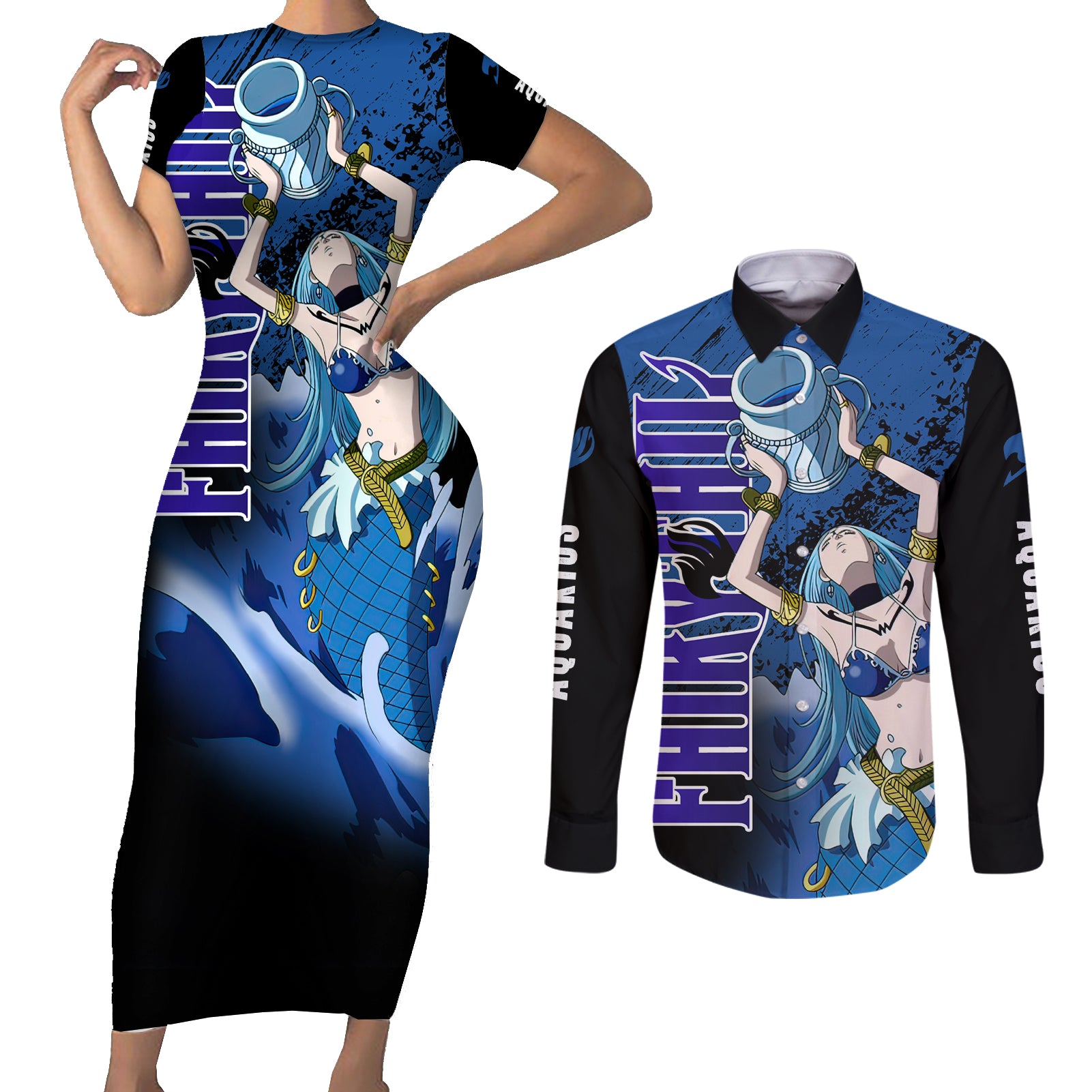 Celestial Aquarius Couples Matching Short Sleeve Bodycon Dress and Long Sleeve Button Shirt Fairy Tail