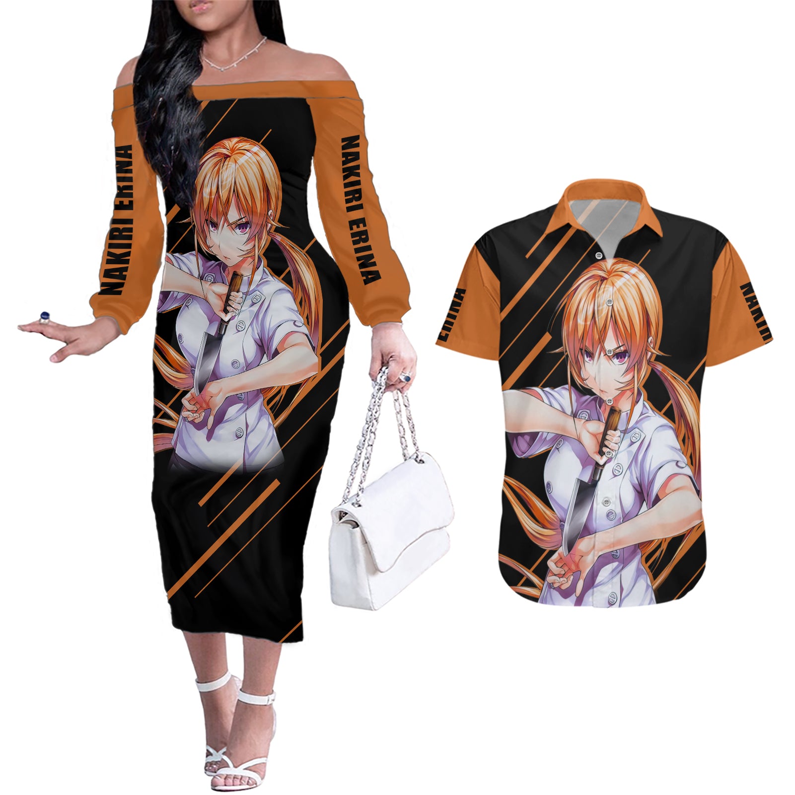 Nakiri Erina Couples Matching Off The Shoulder Long Sleeve Dress and Hawaiian Shirt Shokugeki no Soma Anime