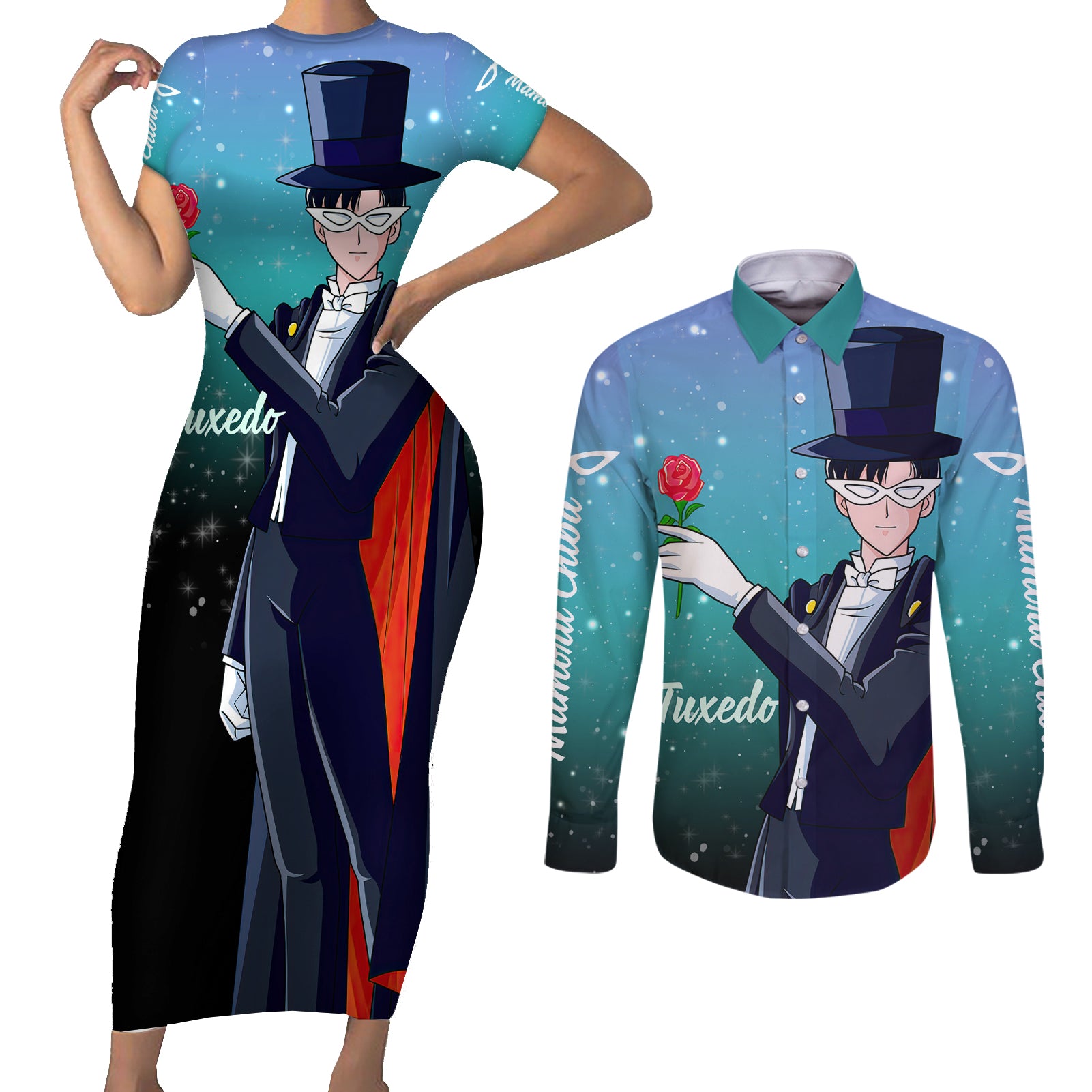 Tuxedo Couples Matching Short Sleeve Bodycon Dress and Long Sleeve Button Shirt Sailor Moon