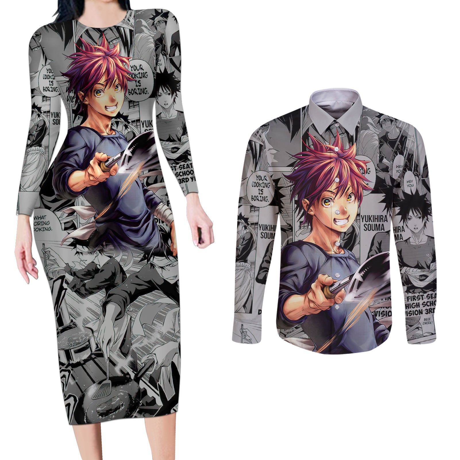 Shokugeki no Soma Couples Matching Long Sleeve Bodycon Dress and Long Sleeve Button Shirt Yukihira Souma Anime