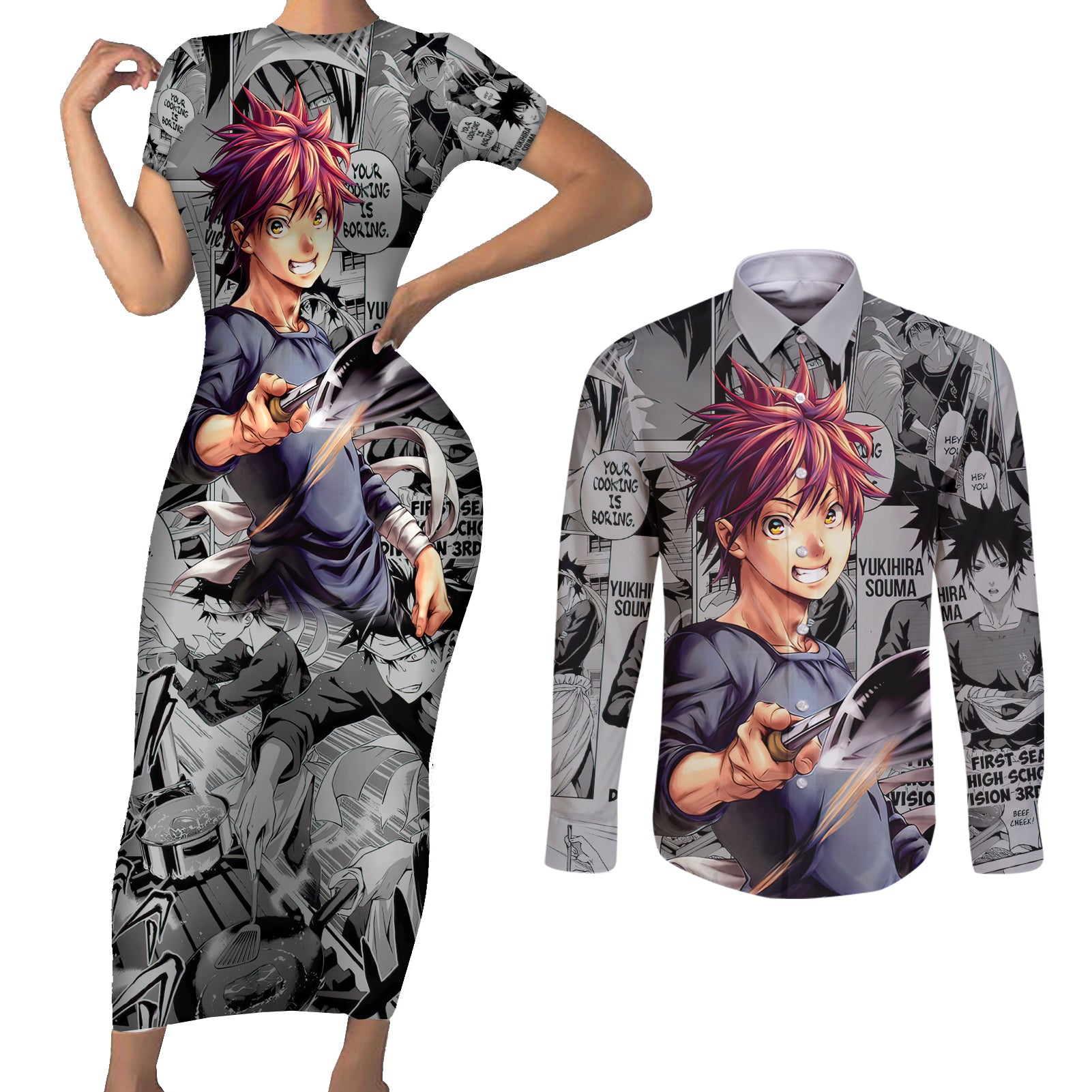 Shokugeki no Soma Couples Matching Short Sleeve Bodycon Dress and Long Sleeve Button Shirt Yukihira Souma Anime