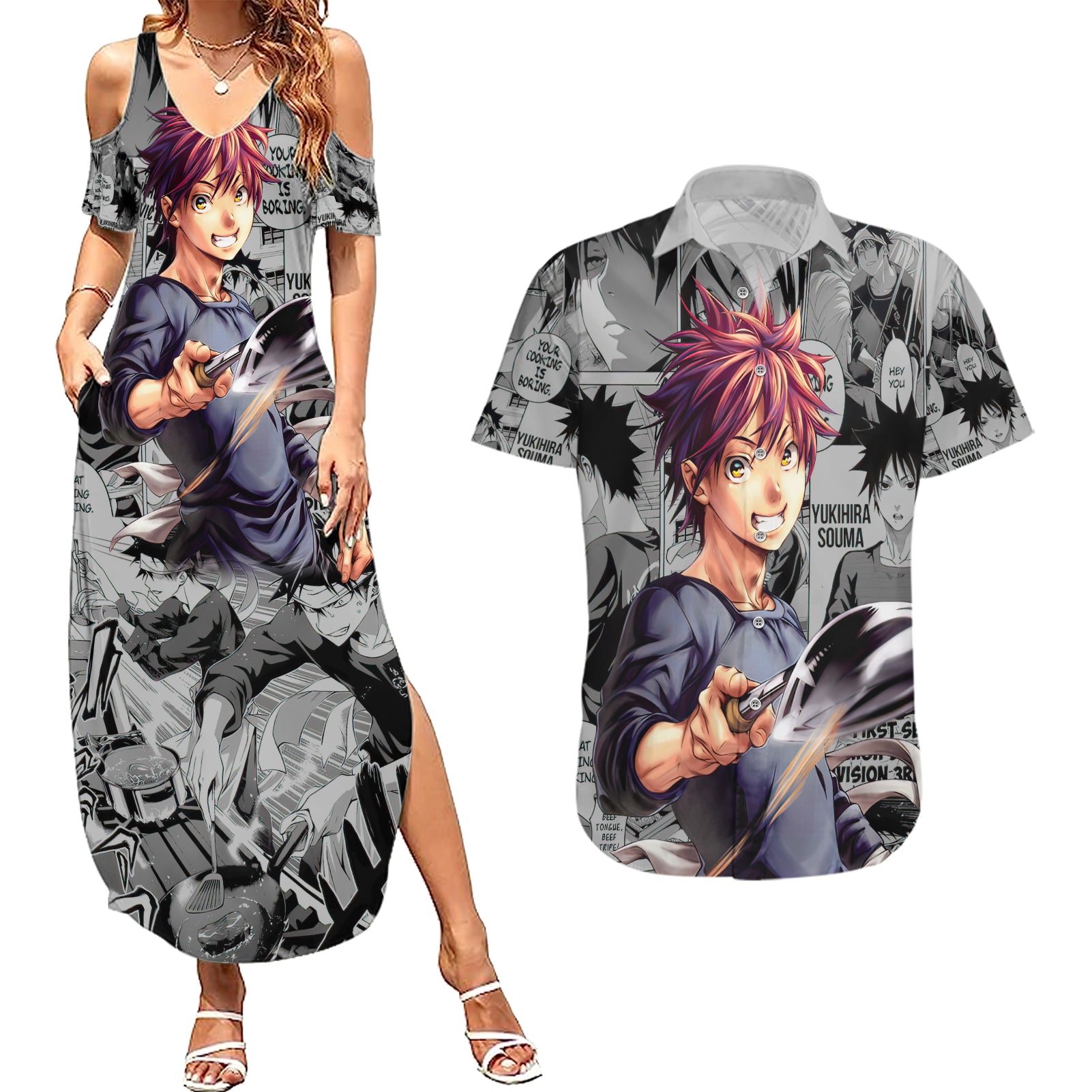 Shokugeki no Soma Couples Matching Summer Maxi Dress and Hawaiian Shirt Yukihira Souma Anime