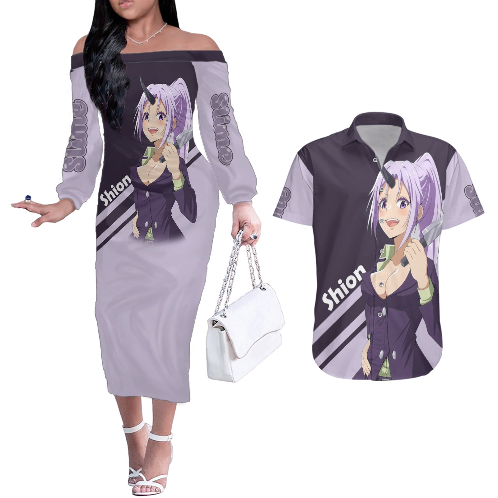 Slime Shion Couples Matching Off The Shoulder Long Sleeve Dress and Hawaiian Shirt TenSura Anime