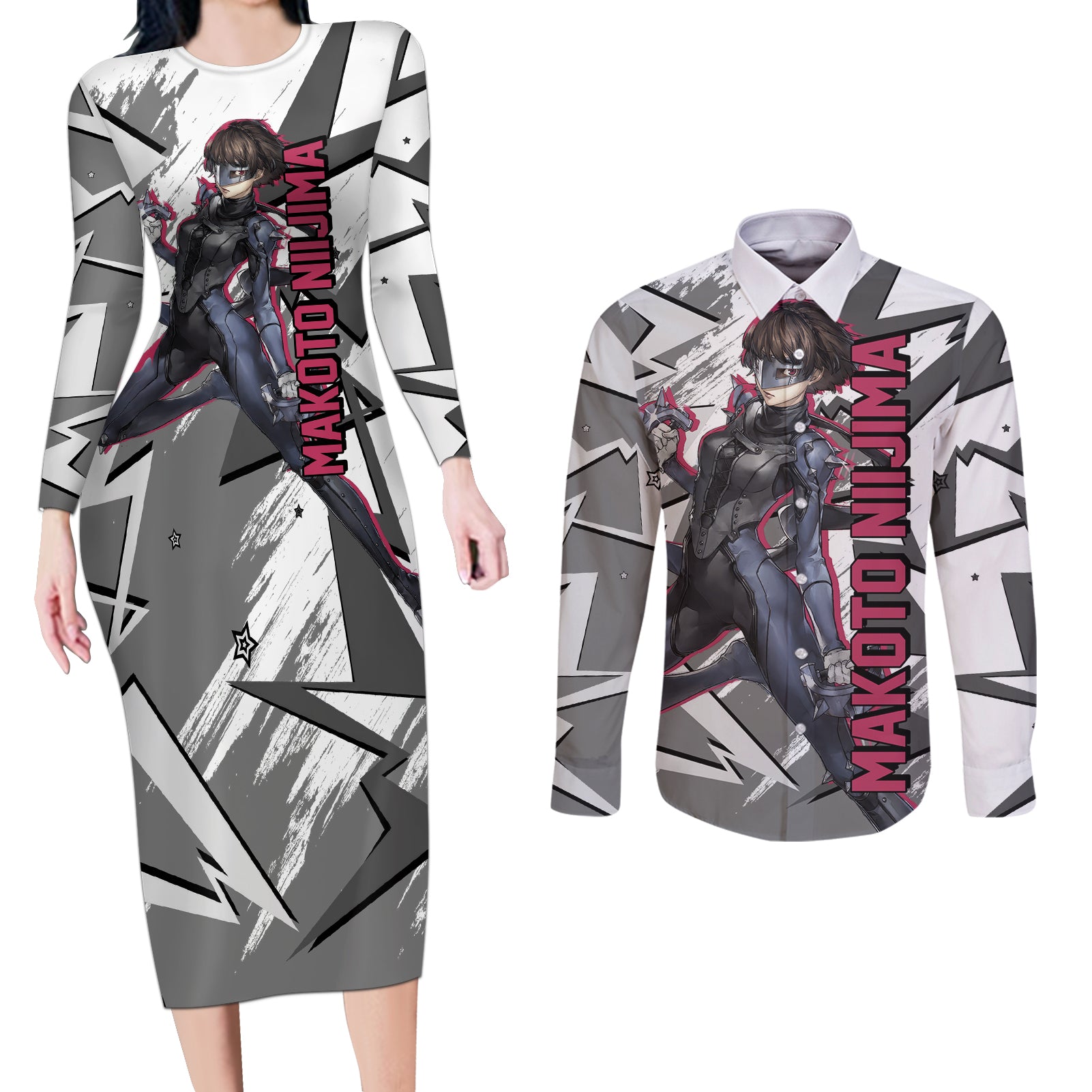 Makoto Niijima Persona Couples Matching Long Sleeve Bodycon Dress and Long Sleeve Button Shirt Anime Mix Polygon Cyber Style