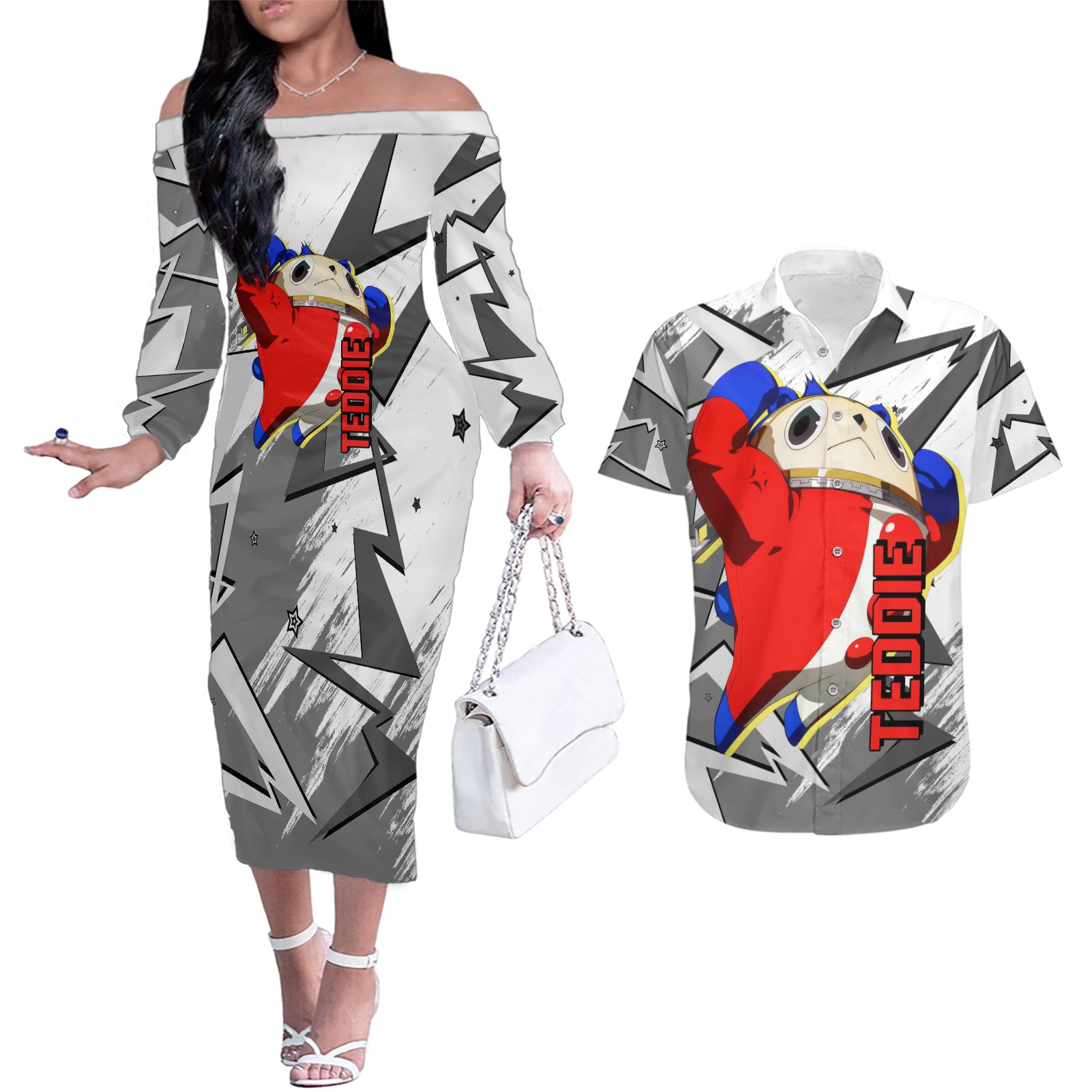 Teddie Persona Couples Matching Off The Shoulder Long Sleeve Dress and Hawaiian Shirt Anime Mix Polygon Cyber Style