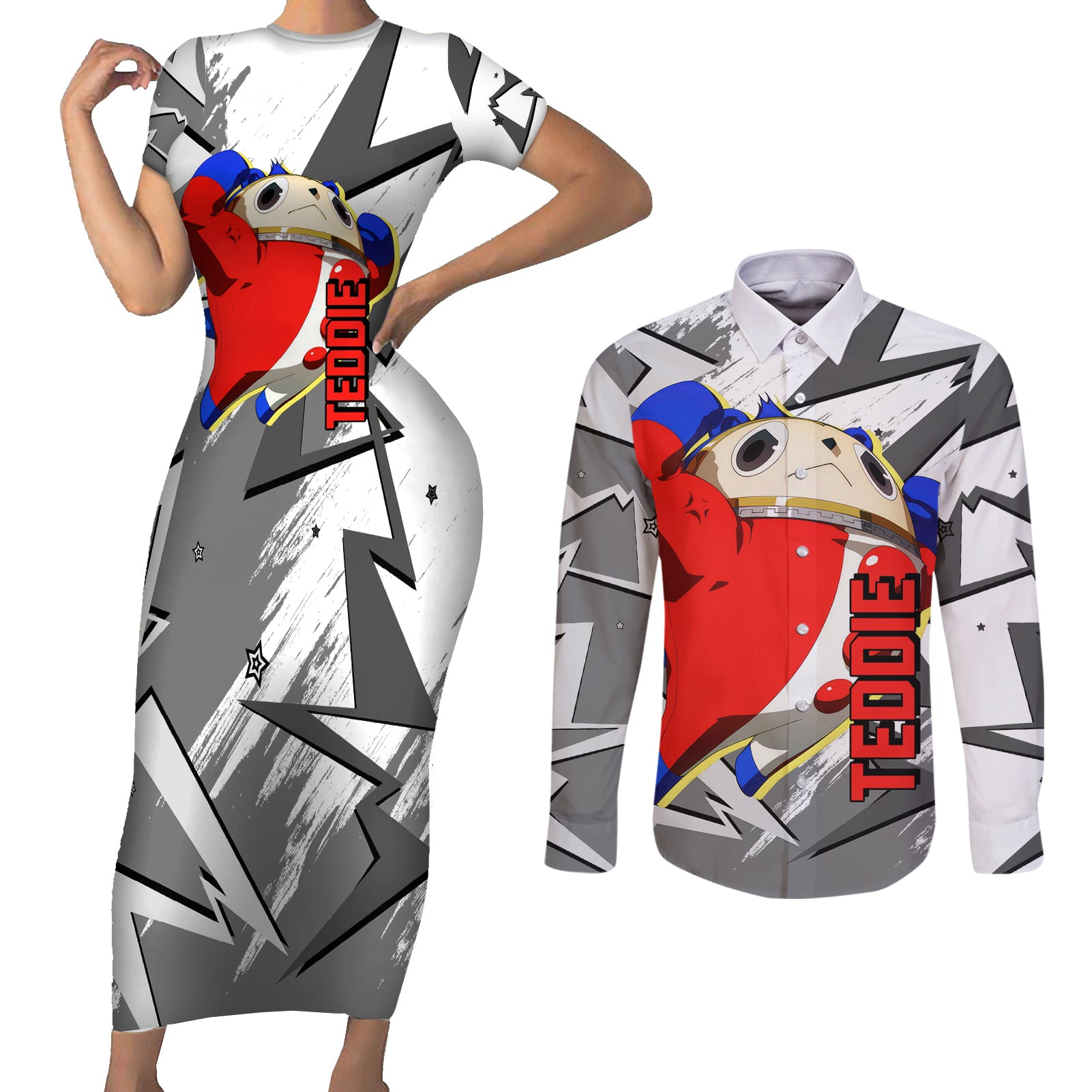 Teddie Persona Couples Matching Short Sleeve Bodycon Dress and Long Sleeve Button Shirt Anime Mix Polygon Cyber Style