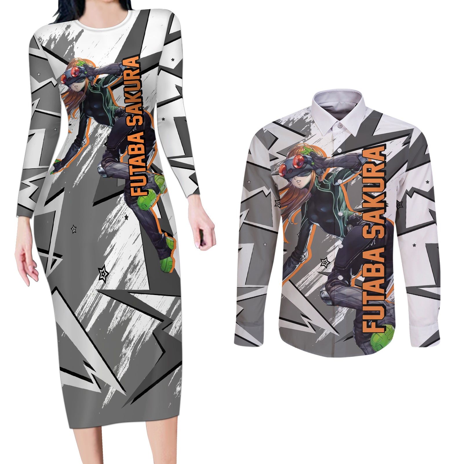 Futaba Sakura Persona Couples Matching Long Sleeve Bodycon Dress and Long Sleeve Button Shirt Anime Mix Polygon Cyber Style