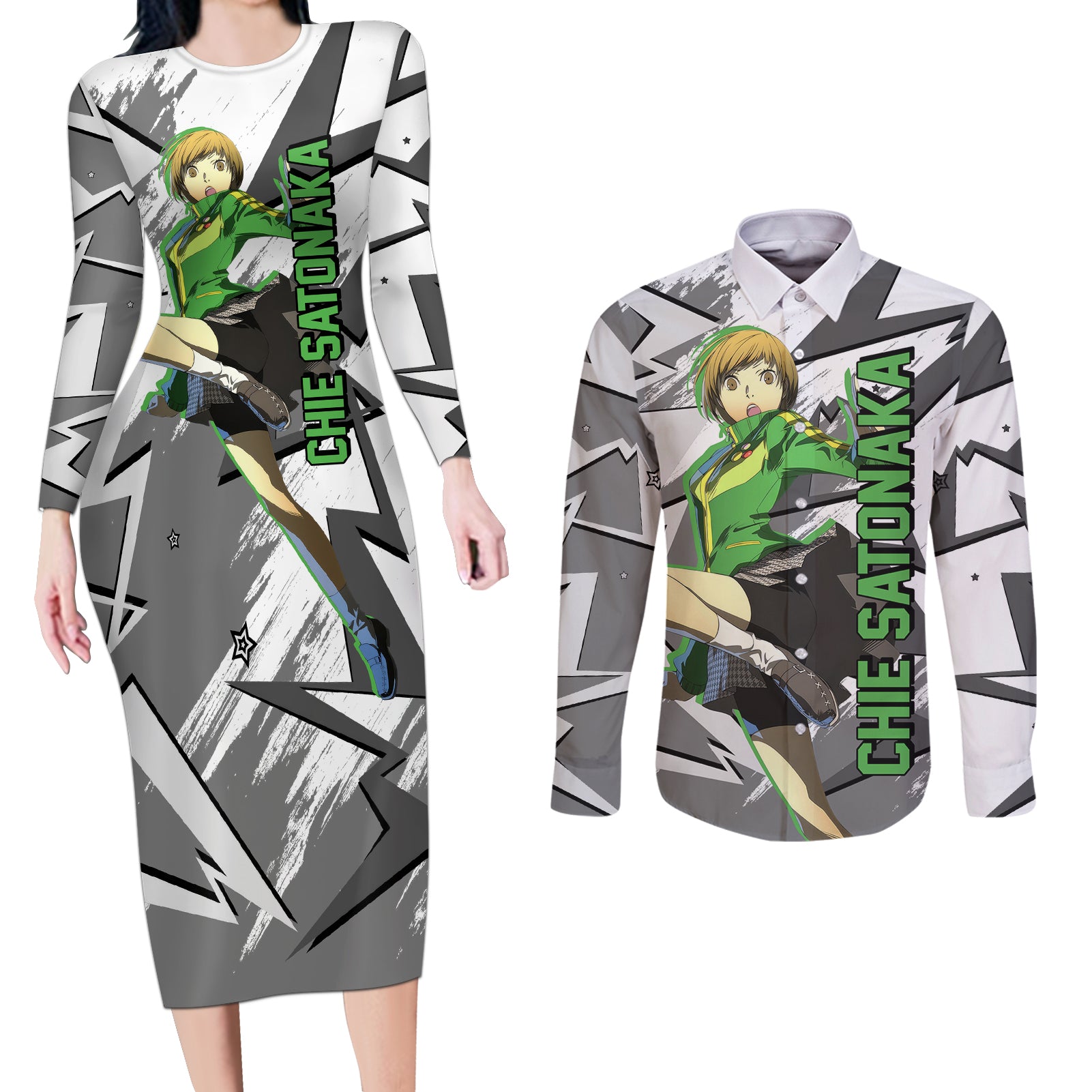 Chie Satonaka Persona Couples Matching Long Sleeve Bodycon Dress and Long Sleeve Button Shirt Anime Mix Polygon Cyber Style