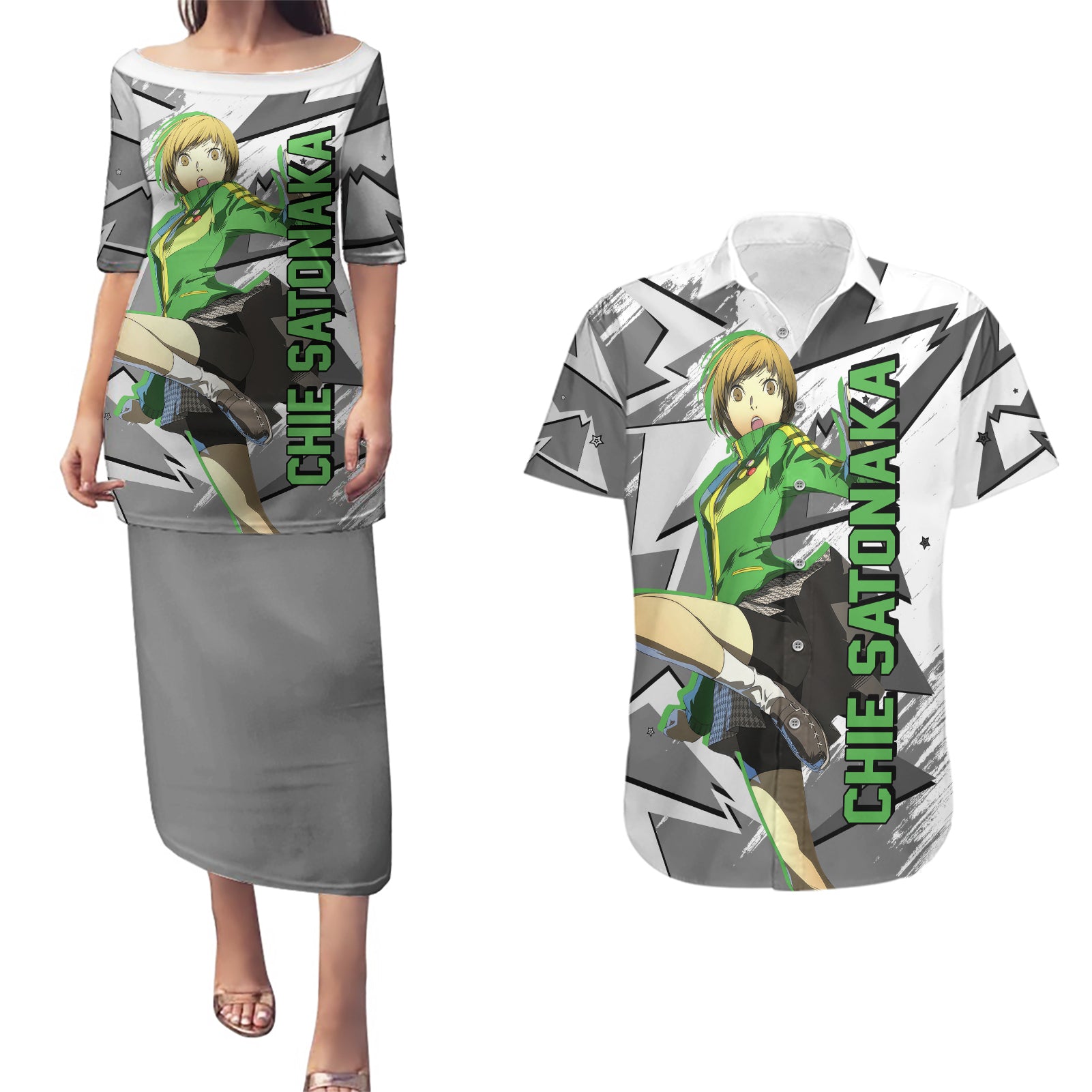 Chie Satonaka Persona Couples Matching Puletasi and Hawaiian Shirt Anime Mix Polygon Cyber Style