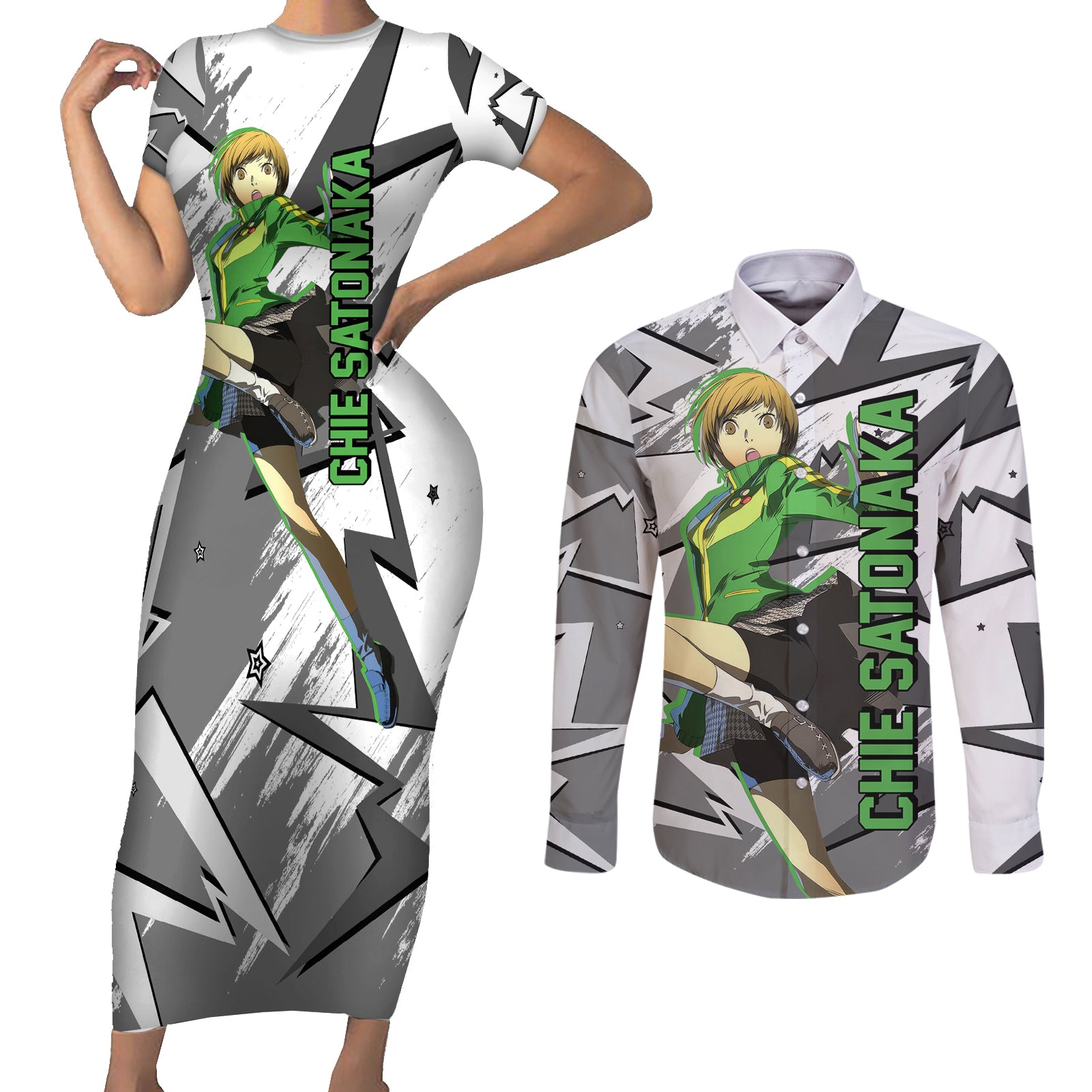 Chie Satonaka Persona Couples Matching Short Sleeve Bodycon Dress and Long Sleeve Button Shirt Anime Mix Polygon Cyber Style