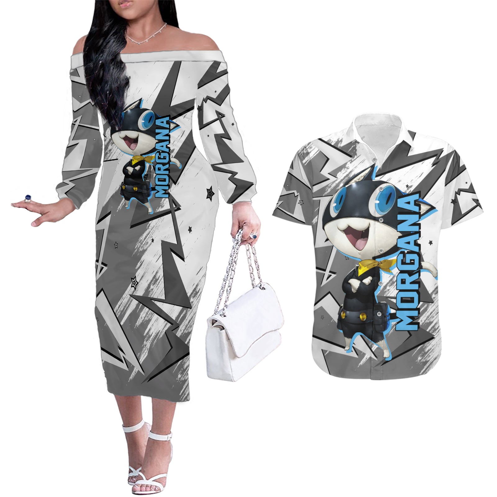 Morgana Persona Couples Matching Off The Shoulder Long Sleeve Dress and Hawaiian Shirt Anime Mix Polygon Cyber Style