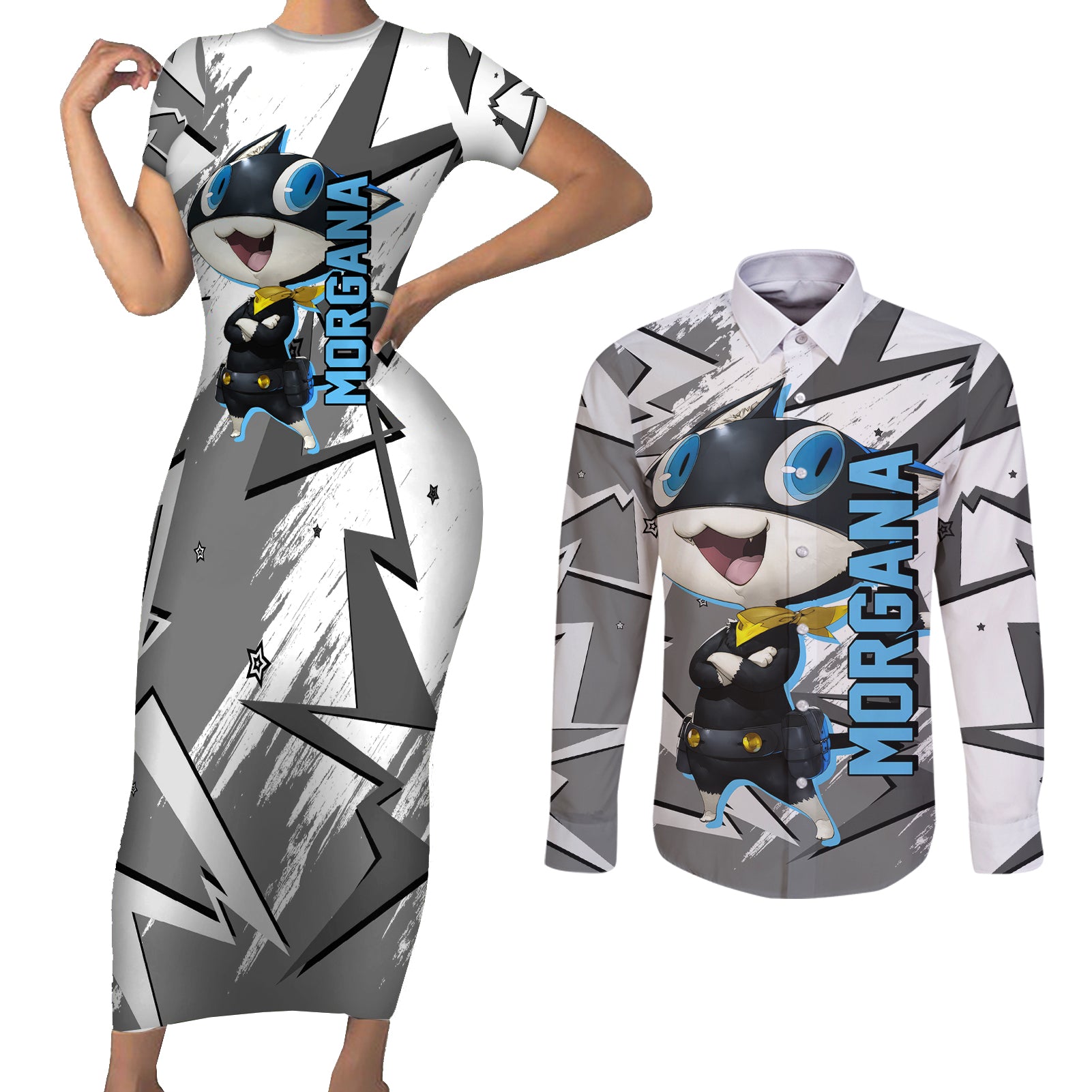 Morgana Persona Couples Matching Short Sleeve Bodycon Dress and Long Sleeve Button Shirt Anime Mix Polygon Cyber Style