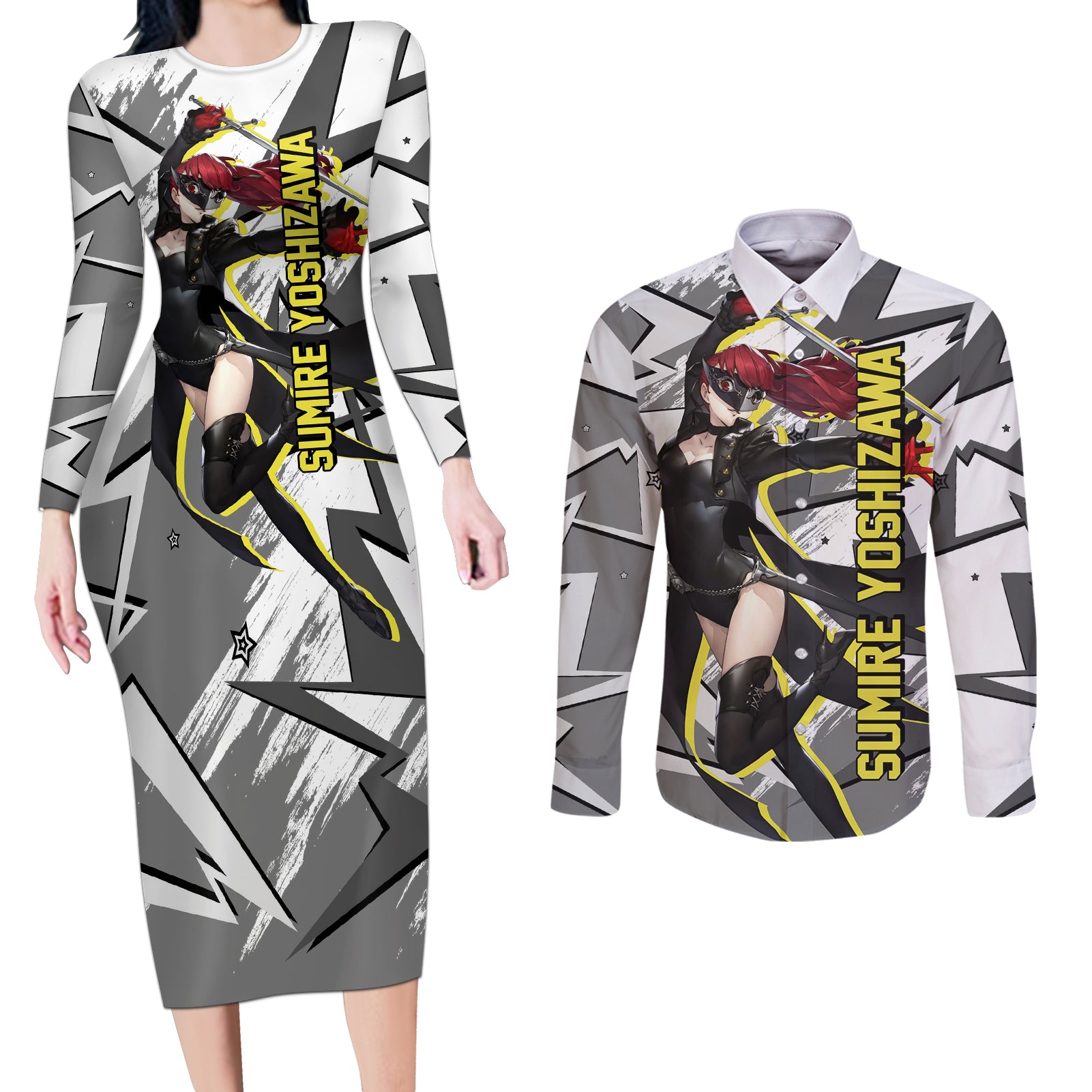 Sumire Yoshizawa Persona Couples Matching Long Sleeve Bodycon Dress and Long Sleeve Button Shirt Anime Mix Polygon Cyber Style