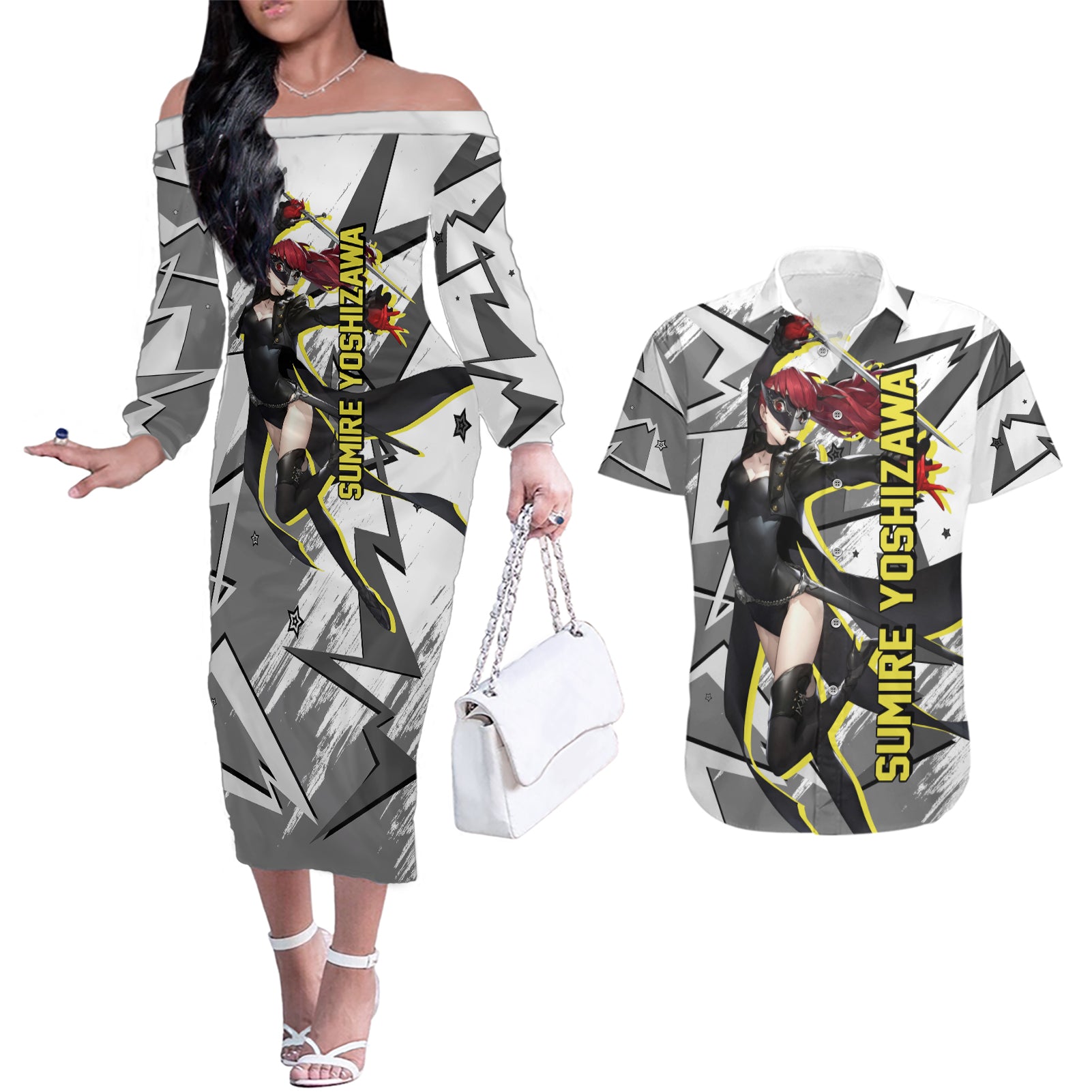 Sumire Yoshizawa Persona Couples Matching Off The Shoulder Long Sleeve Dress and Hawaiian Shirt Anime Mix Polygon Cyber Style