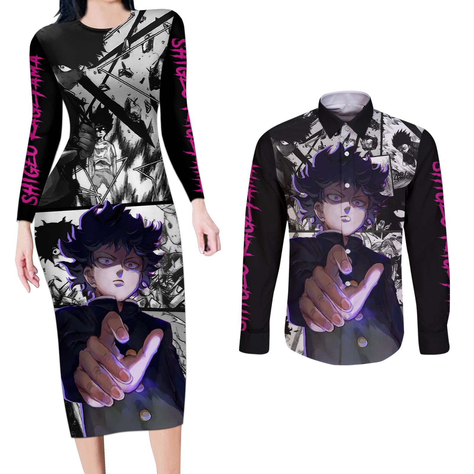 Arataka Reigen Mob Psycho 100 Couples Matching Long Sleeve Bodycon Dress and Long Sleeve Button Shirt Anime Style Art