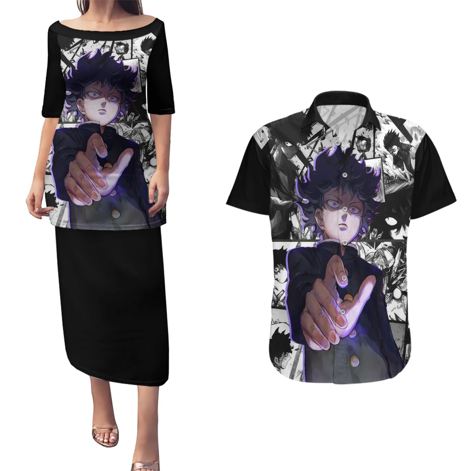 Arataka Reigen Mob Psycho 100 Couples Matching Puletasi and Hawaiian Shirt Anime Style Art