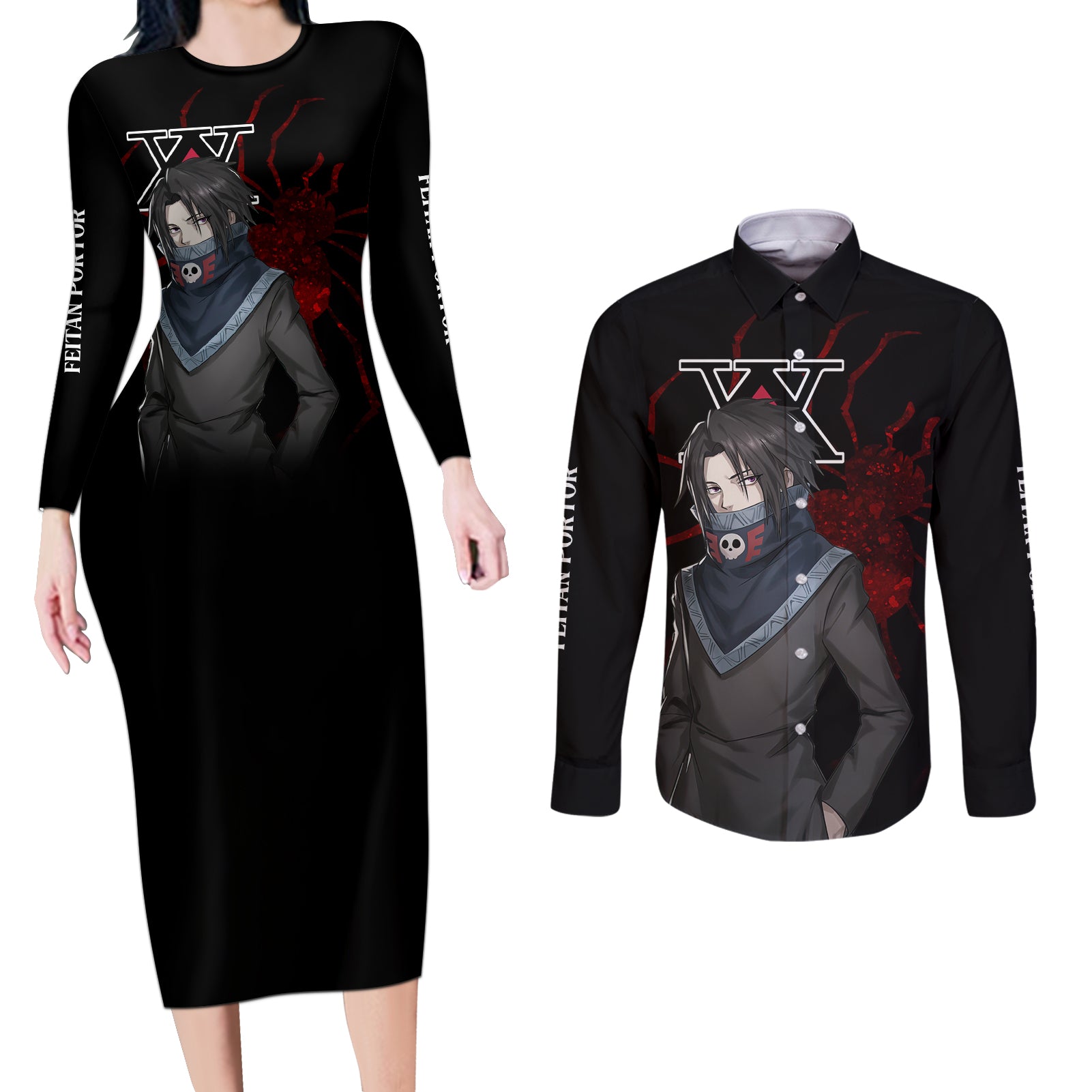 Feitan Phantom Troupe Hunter X Hunter Couples Matching Long Sleeve Bodycon Dress and Long Sleeve Button Shirt Anime Style