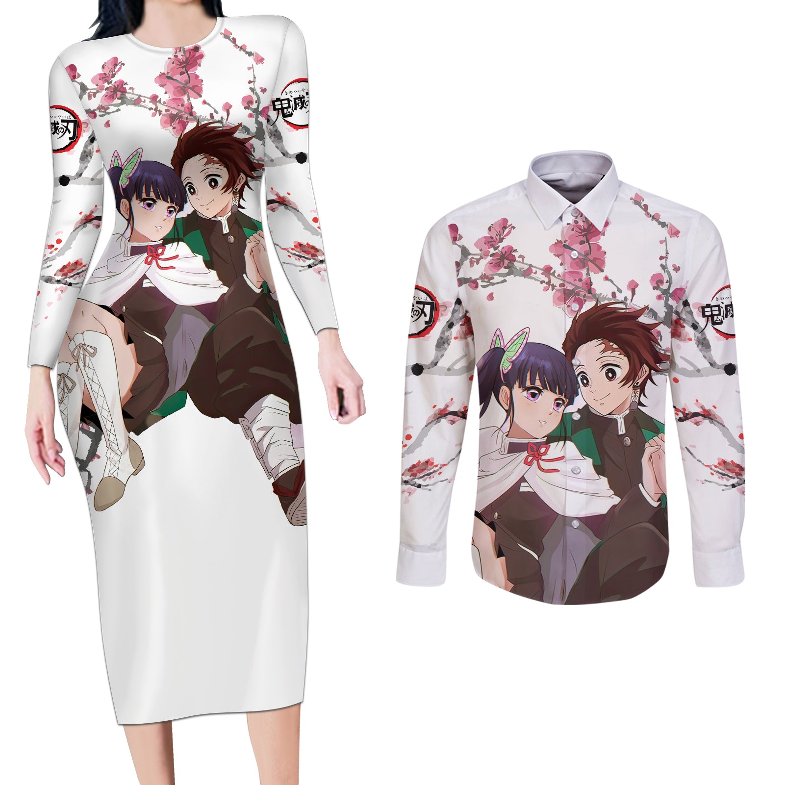 Tanjiro and Kanao Couples Matching Long Sleeve Bodycon Dress and Long Sleeve Button Shirt Demon Slayer Anime Style