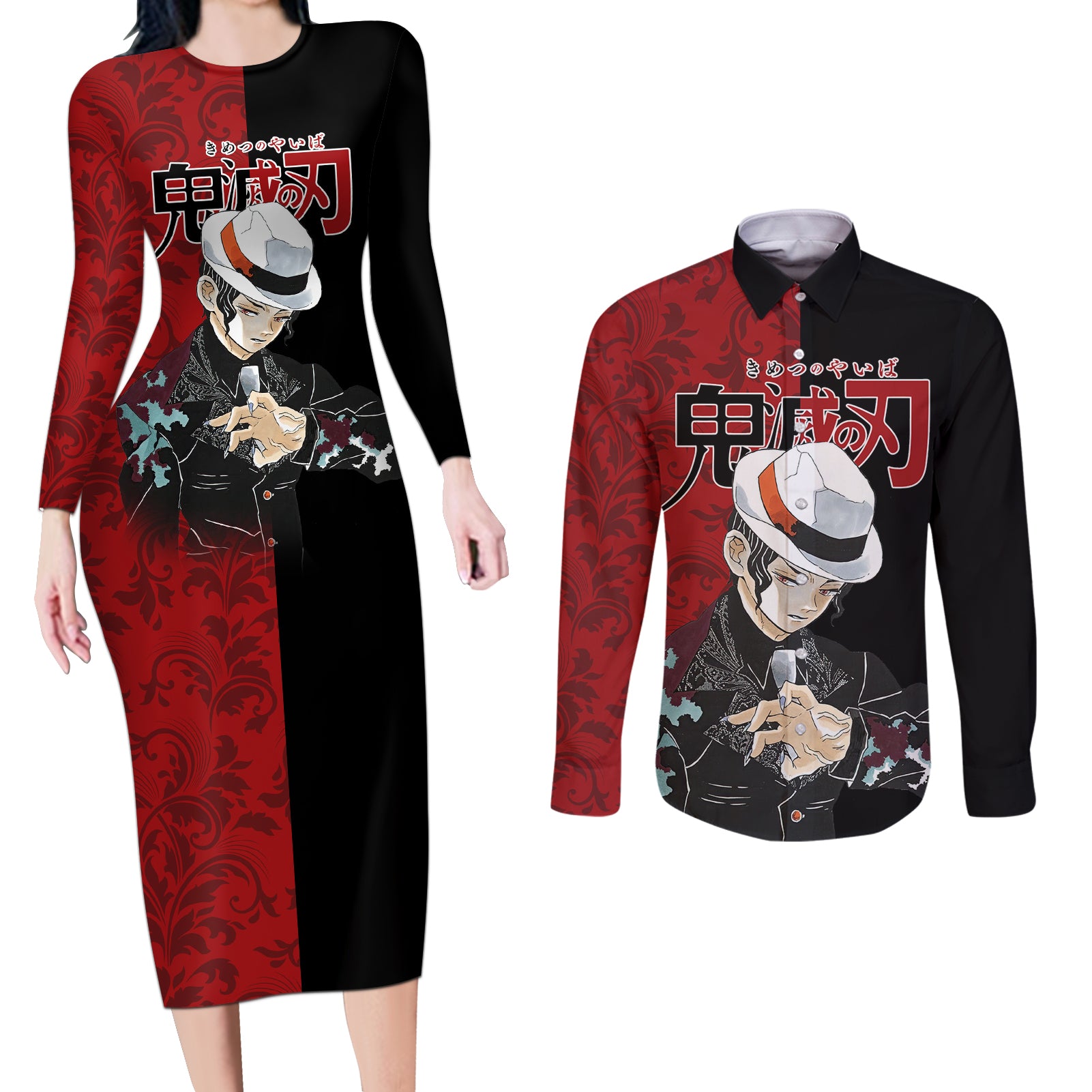 Muzan Kibutsuji Couples Matching Long Sleeve Bodycon Dress and Long Sleeve Button Shirt Demon Slayer Anime Style