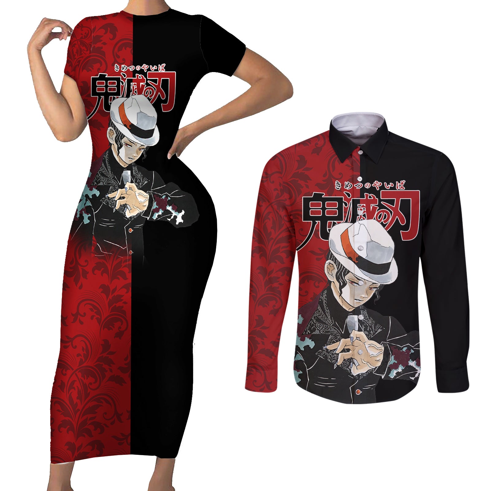 Muzan Kibutsuji Couples Matching Short Sleeve Bodycon Dress and Long Sleeve Button Shirt Demon Slayer Anime Style