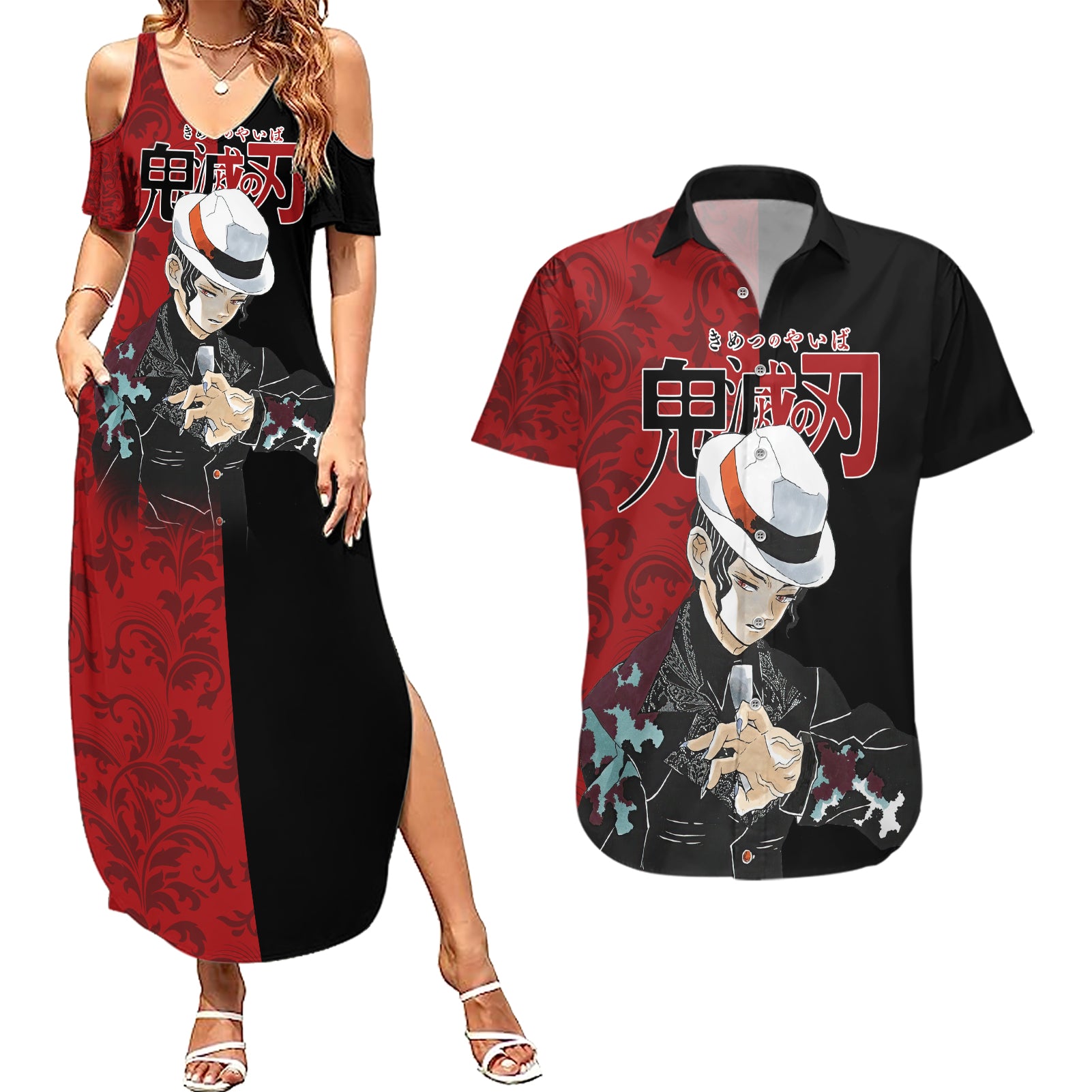 Muzan Kibutsuji Couples Matching Summer Maxi Dress and Hawaiian Shirt Demon Slayer Anime Style