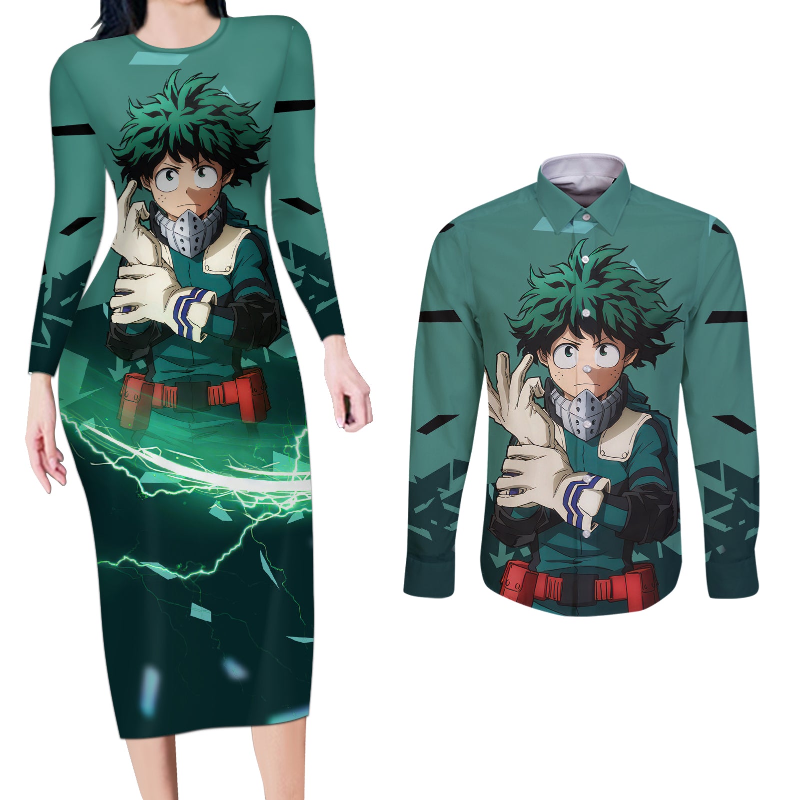 Izuku Midoriya - My Hero Academia Couples Matching Long Sleeve Bodycon Dress and Long Sleeve Button Shirt Anime Style