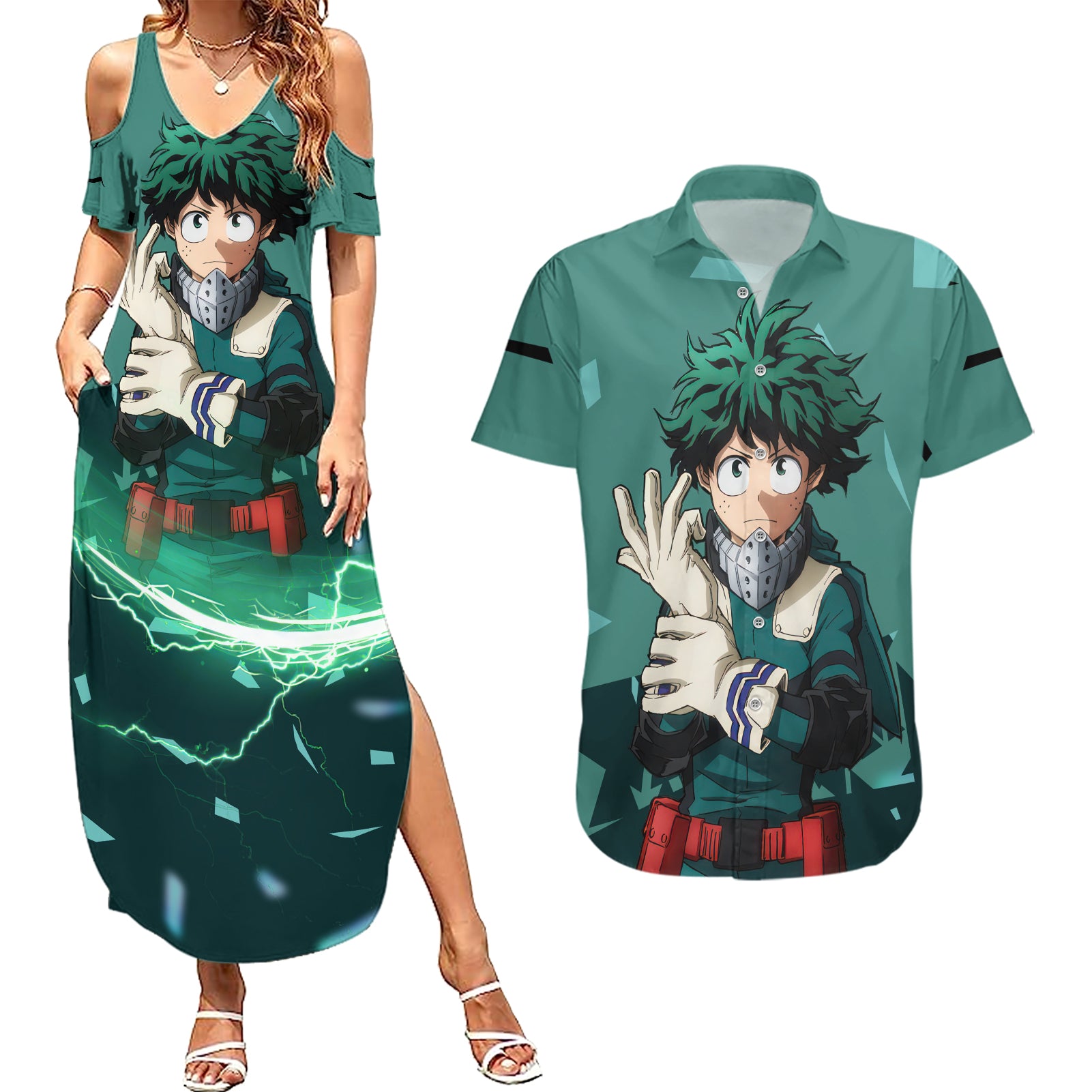 Izuku Midoriya - My Hero Academia Couples Matching Summer Maxi Dress and Hawaiian Shirt Anime Style