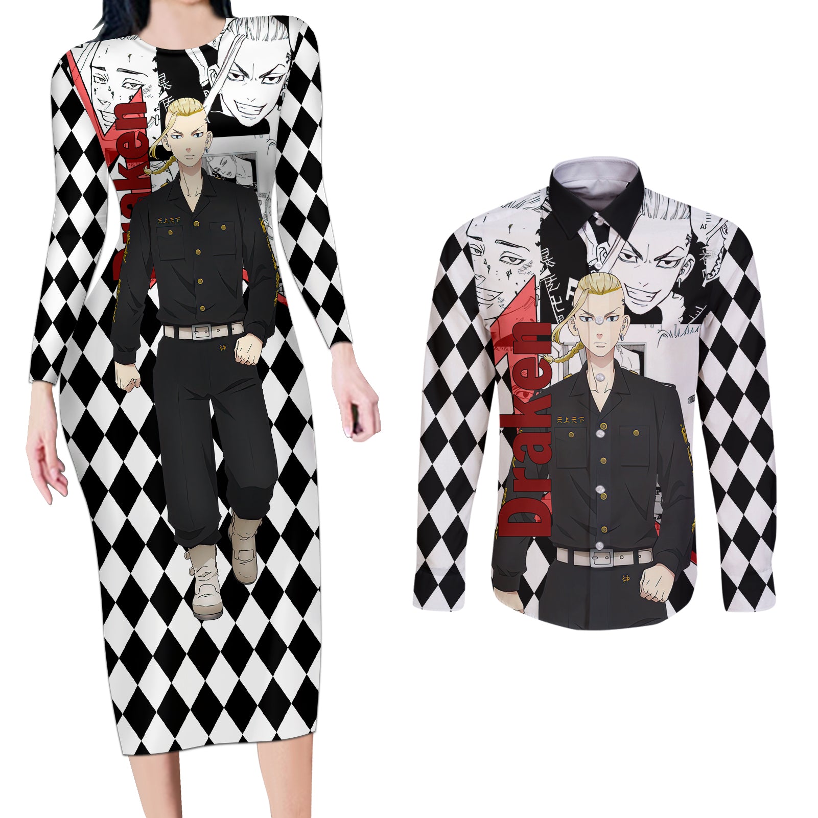 Ryuuguuji Ken Draken Couples Matching Long Sleeve Bodycon Dress and Long Sleeve Button Shirt Anime Mix Manga Style