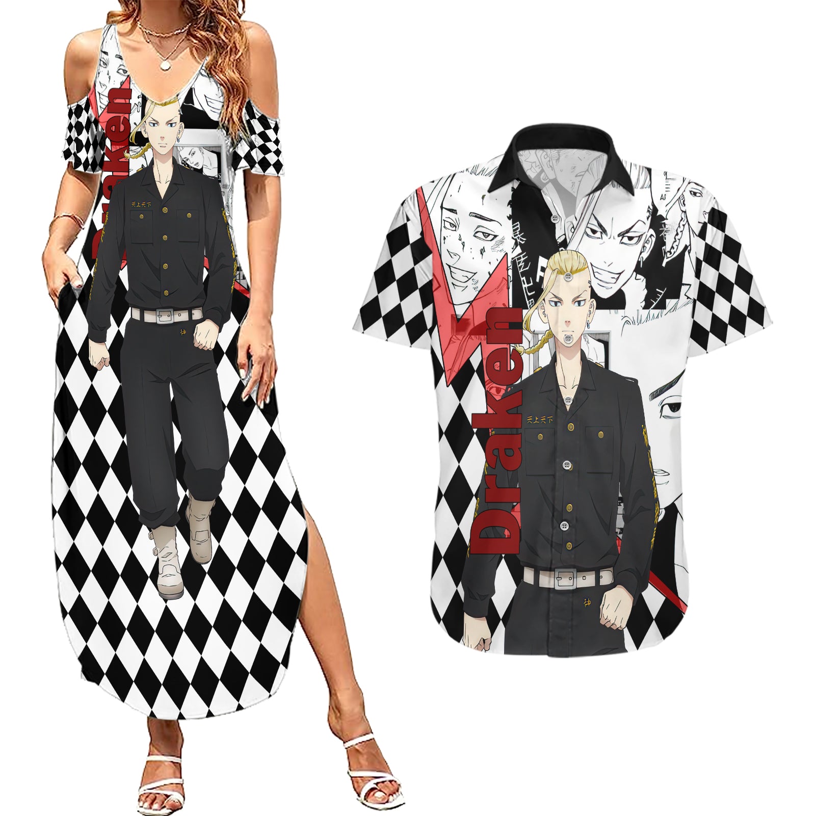 Ryuuguuji Ken Draken Couples Matching Summer Maxi Dress and Hawaiian Shirt Anime Mix Manga Style