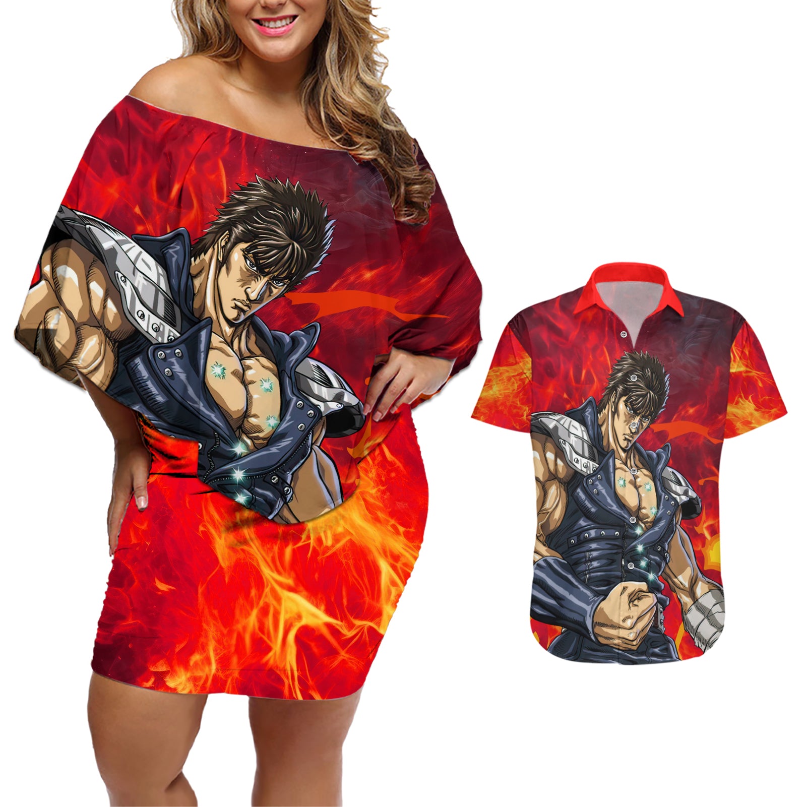 Fist of the North Couples Matching Off Shoulder Short Dress and Hawaiian Shirt Anime Style