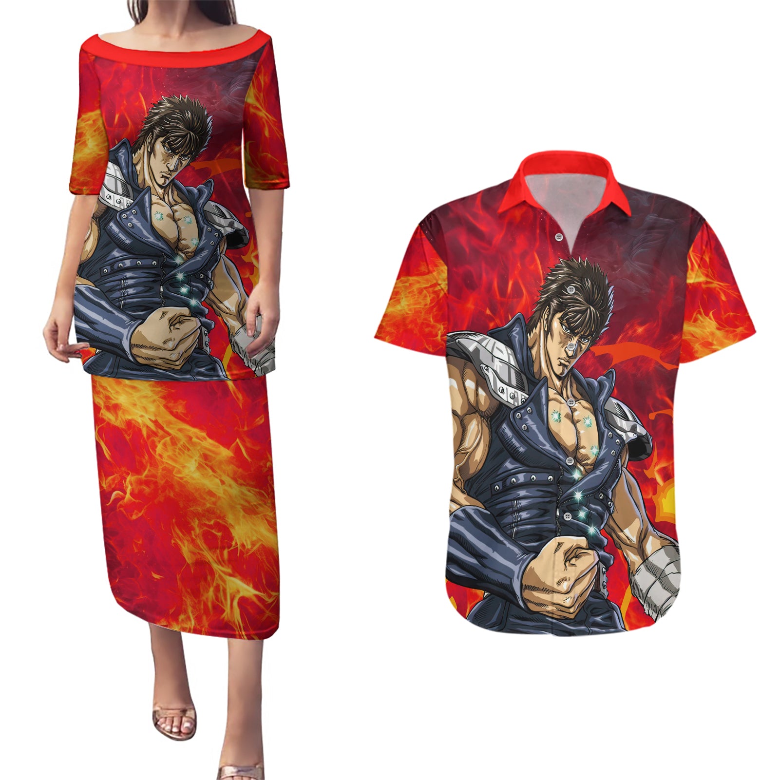 Fist of the North Couples Matching Puletasi and Hawaiian Shirt Anime Style