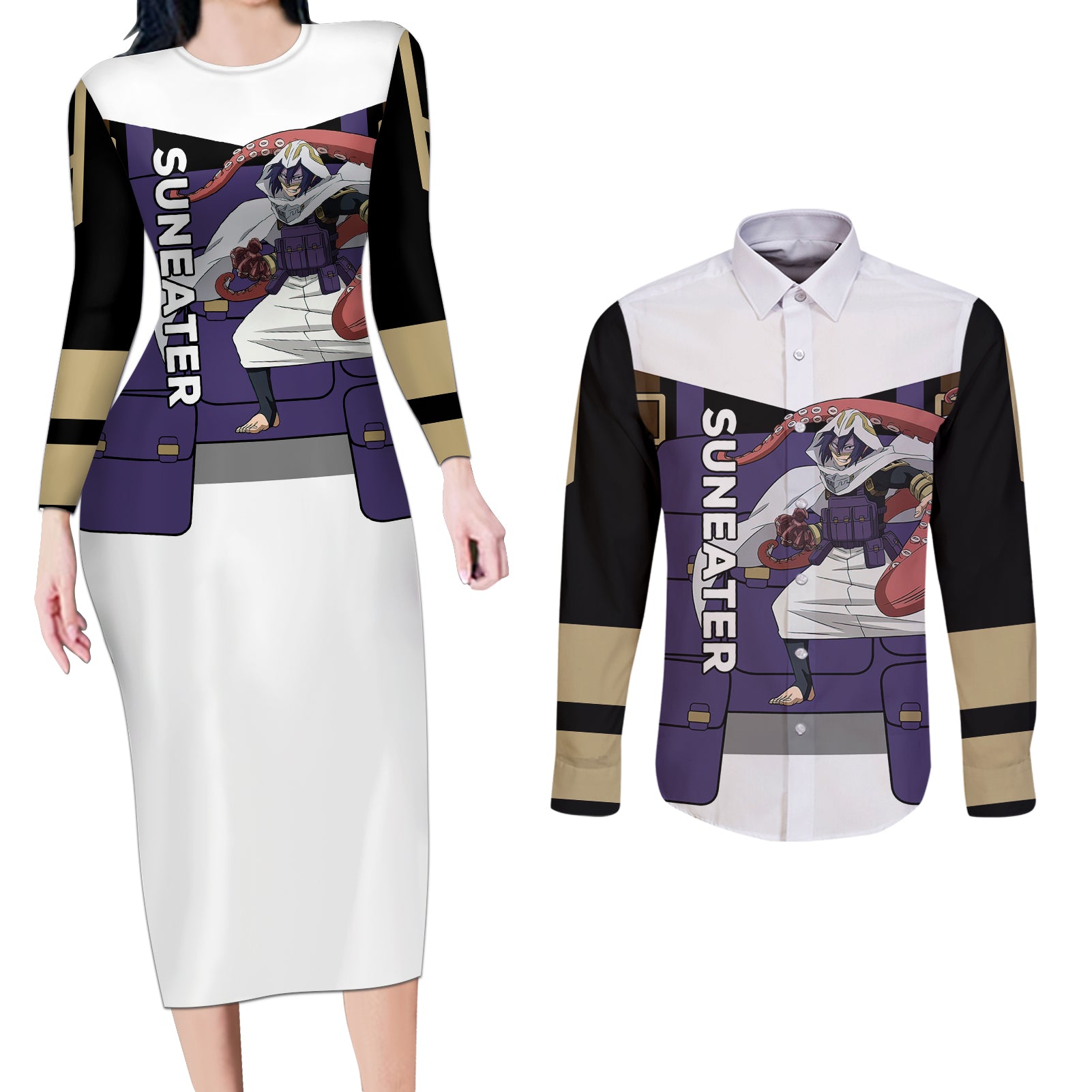 Tamaki Amajiki - My Hero Academia Couples Matching Long Sleeve Bodycon Dress and Long Sleeve Button Shirt Anime Style