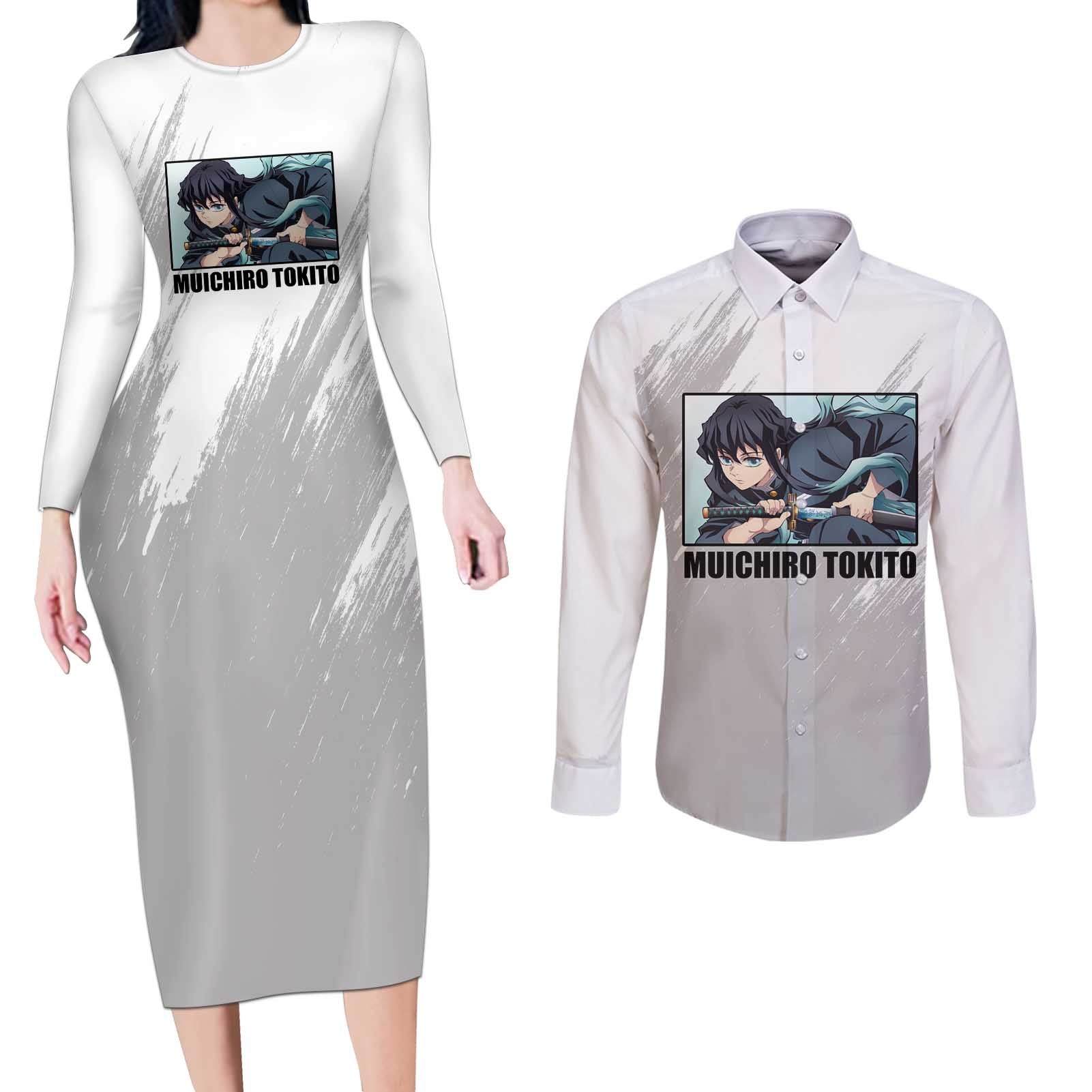 Muichiro Tokito - Demon Slayer Couples Matching Long Sleeve Bodycon Dress and Long Sleeve Button Shirt Anime Style