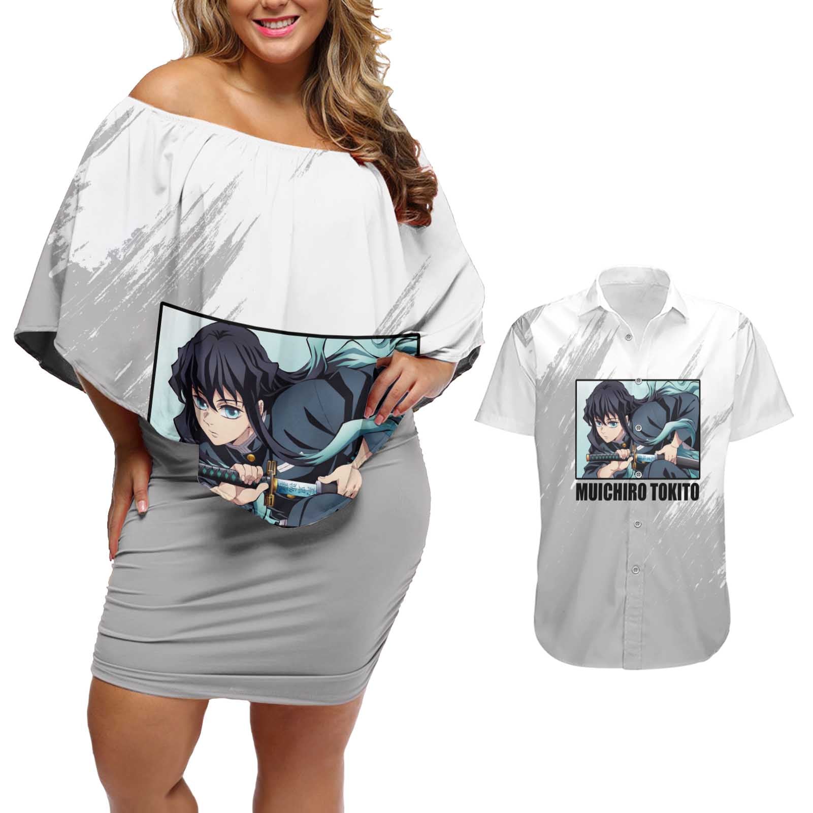 Muichiro Tokito - Demon Slayer Couples Matching Off Shoulder Short Dress and Hawaiian Shirt Anime Style