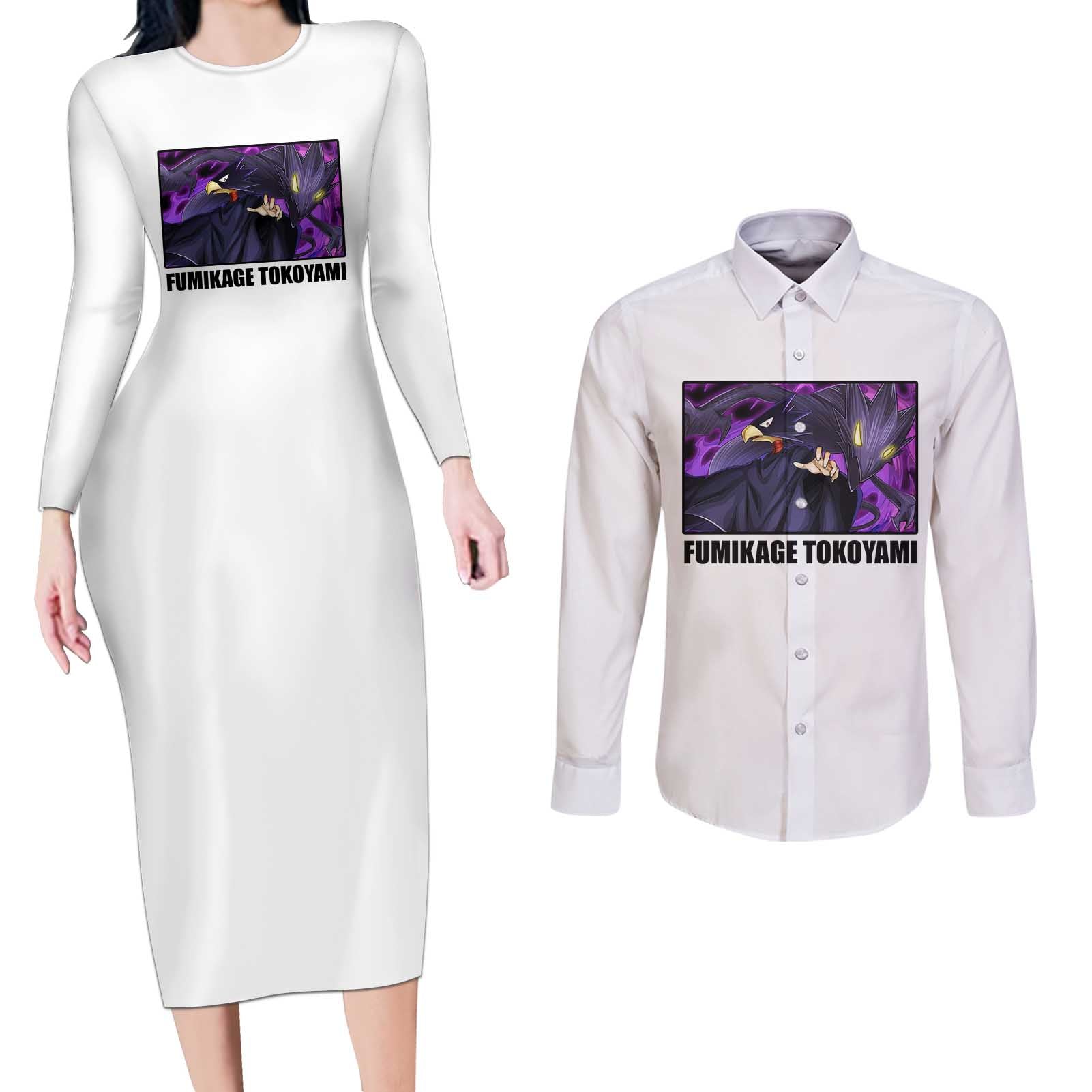 Fumikage Tokoyami - My Hero Academia Couples Matching Long Sleeve Bodycon Dress and Long Sleeve Button Shirt Anime Style