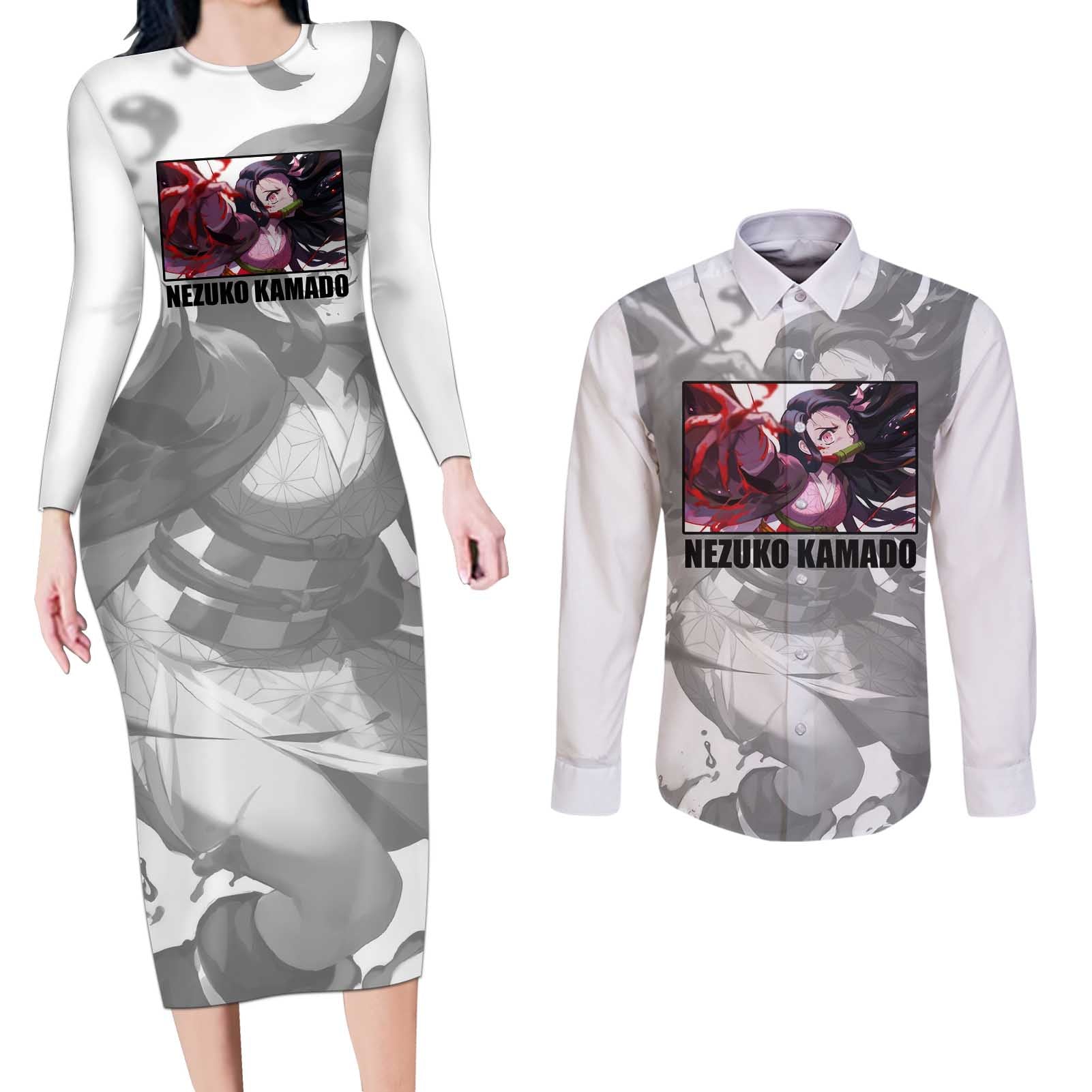 Nezuko Kamado - Demon Slayer Couples Matching Long Sleeve Bodycon Dress and Long Sleeve Button Shirt Anime Style