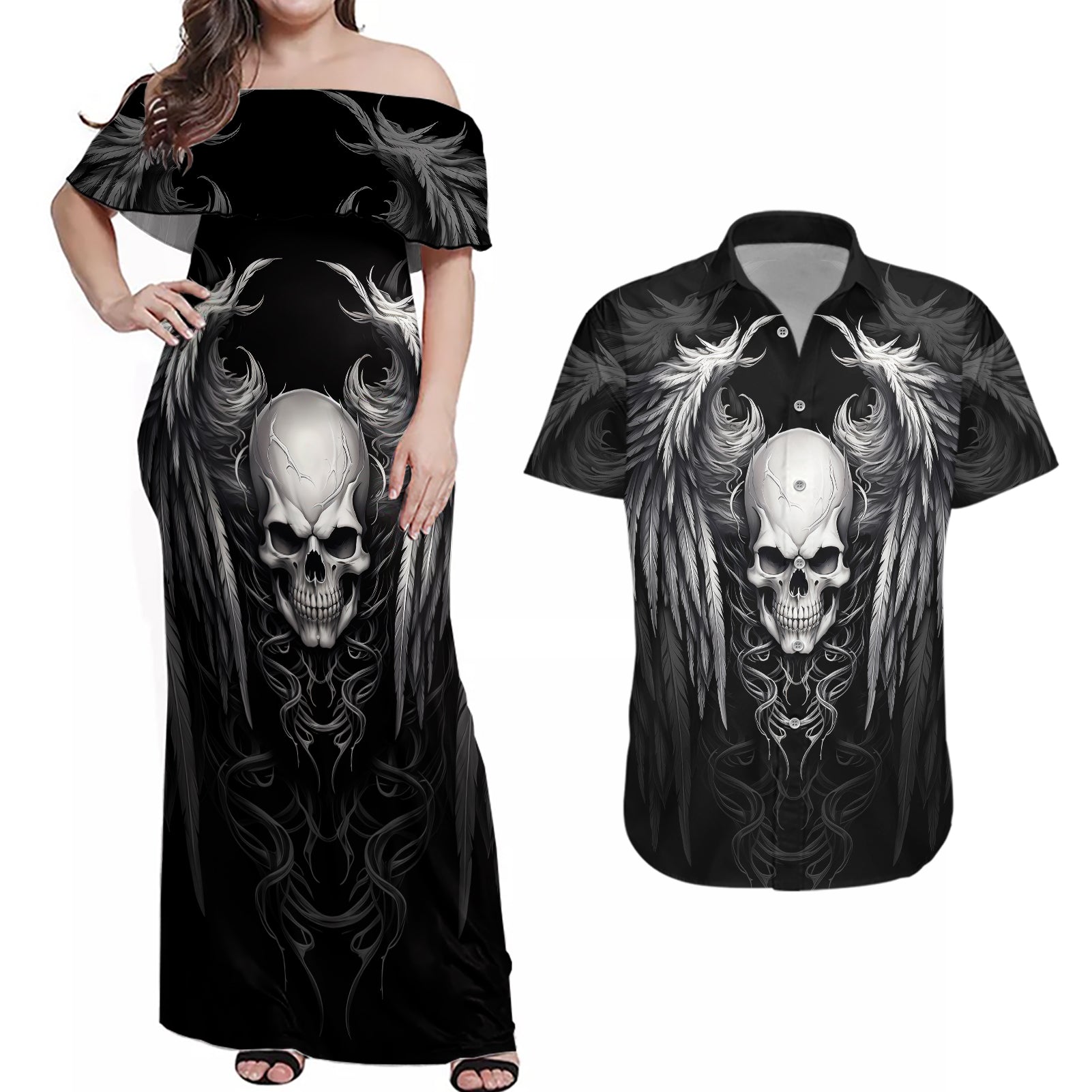 skull-and-wings-couples-matching-off-shoulder-maxi-dress-and-hawaiian-shirt-even-the-devil-was-once-an-angel