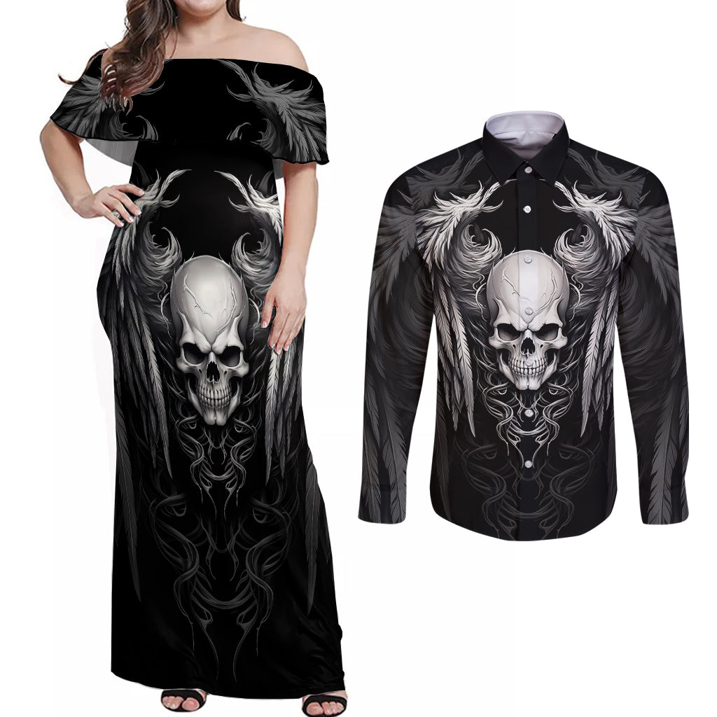 skull-and-wings-couples-matching-off-shoulder-maxi-dress-and-long-sleeve-button-shirts-even-the-devil-was-once-an-angel